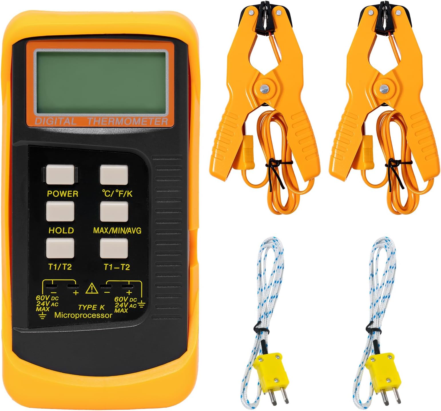 K-Type Digital Thermocouple Thermometer, Dual Channels Thermometer with Temp Clamps and Thermocouples Sensor Probes, Precise for Industrial and Lab Use