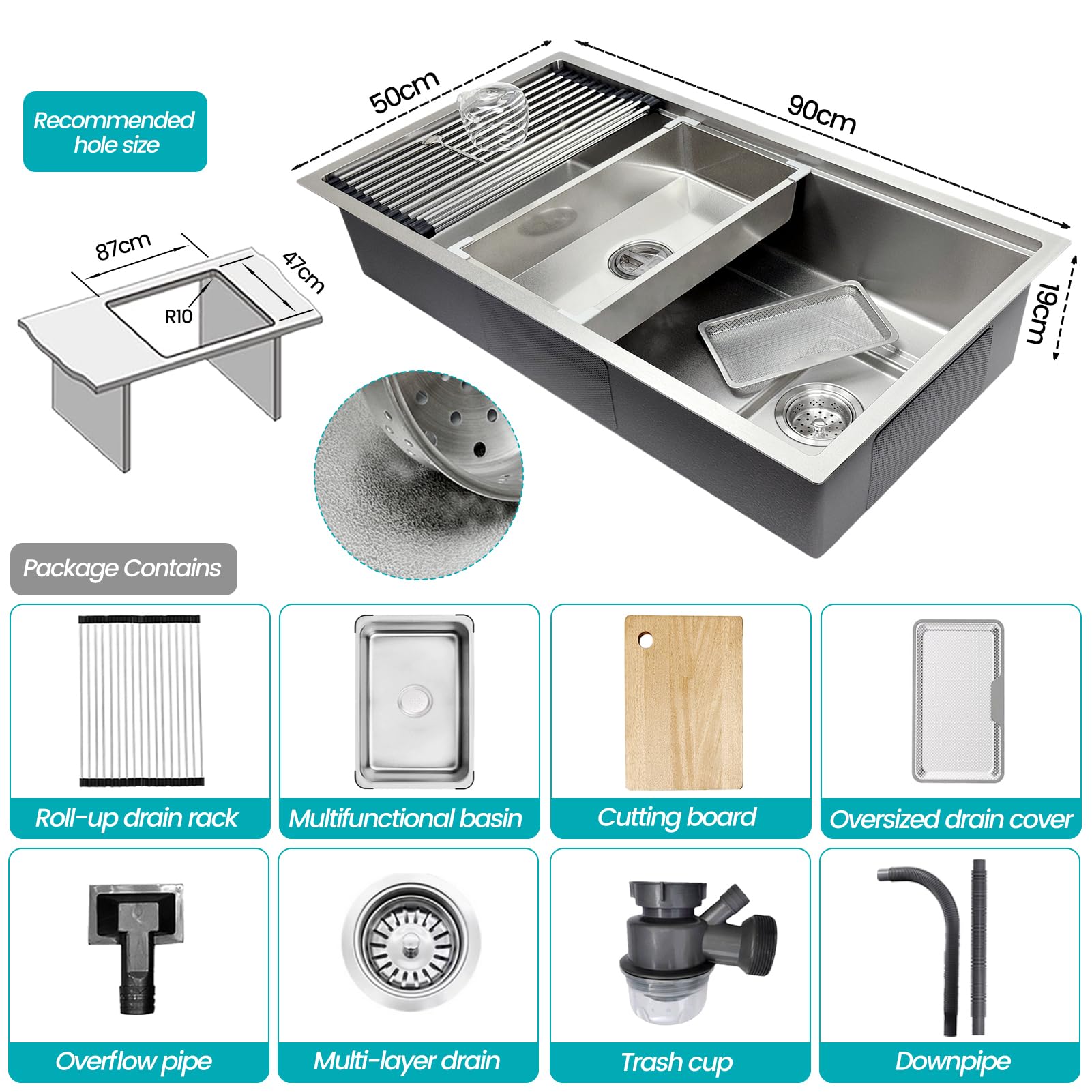 Lavello da Cucina 90x50cm Acciaio Inox 304, Kit Completo con Sifone e Drenaggio, Essiccatore, Tagliere, Vaschetta Piccola, Filtro Extra Grande, Resistente ai Graffi, Lavabo Basso/Montato su Piano
