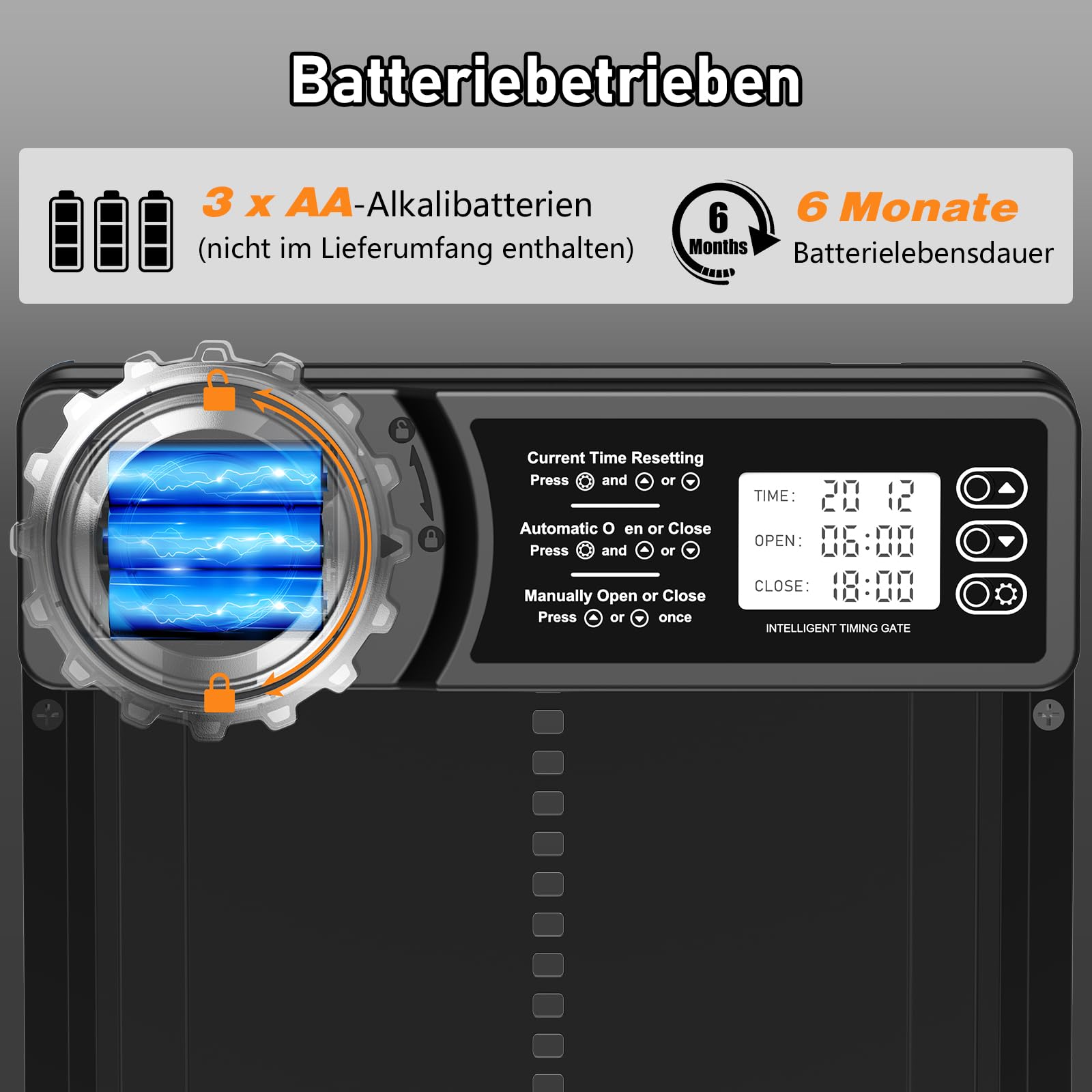 Aluminum Automatische Hühnerklappe Batterie, MASTERFUN Elektrische Hühnerklappe Automatisch Hühnertür mit Wasserdicht Großes Display, Timer, Manuelle, Intelligenter Einklemmschutz