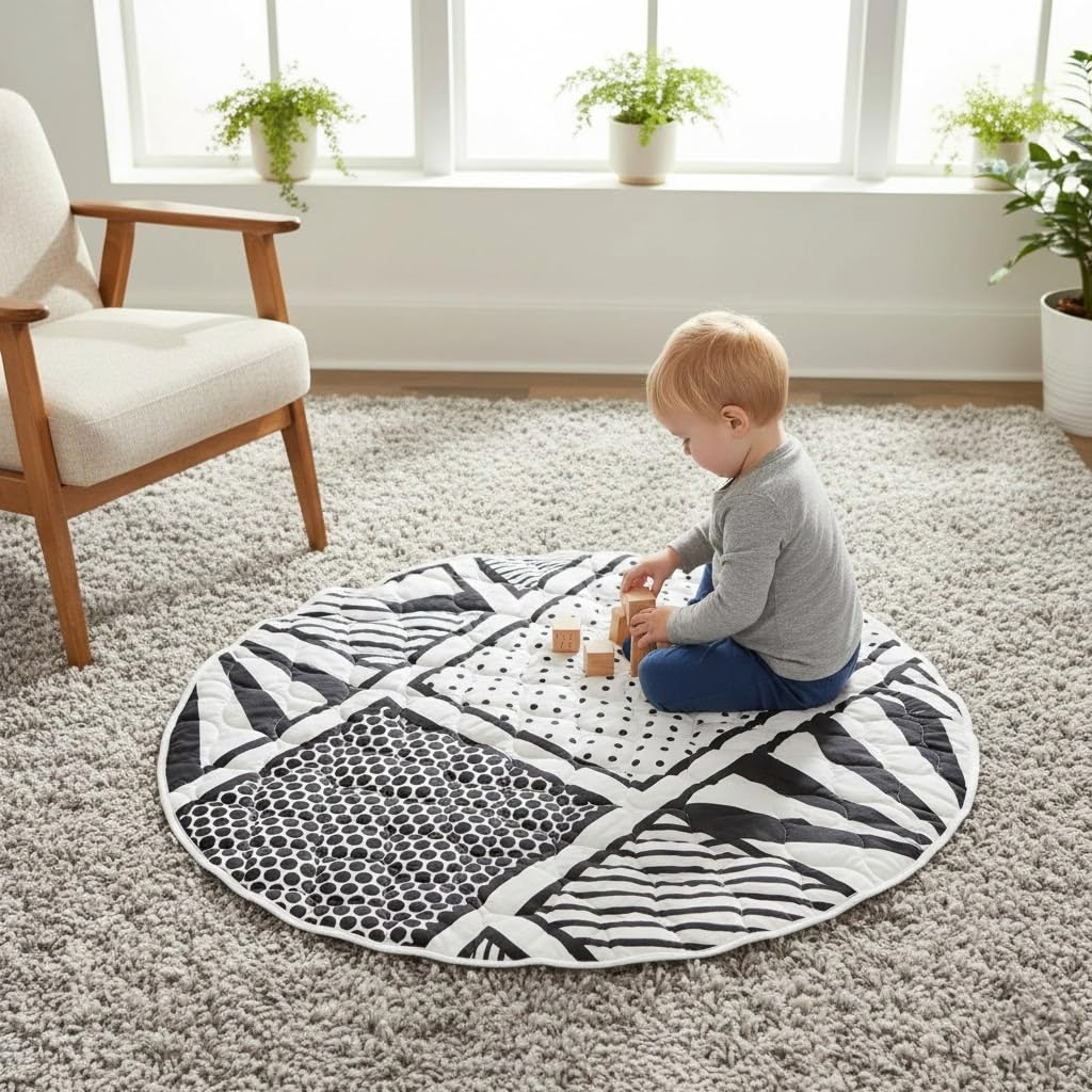 Byrd & Blume Round Baby Play Mat, Reversible Quilted Organic Cotton, High Contrast Black & White Play Mat, Soft Non Toxic Nursery Rug, Foldable Portable, 40 Inch