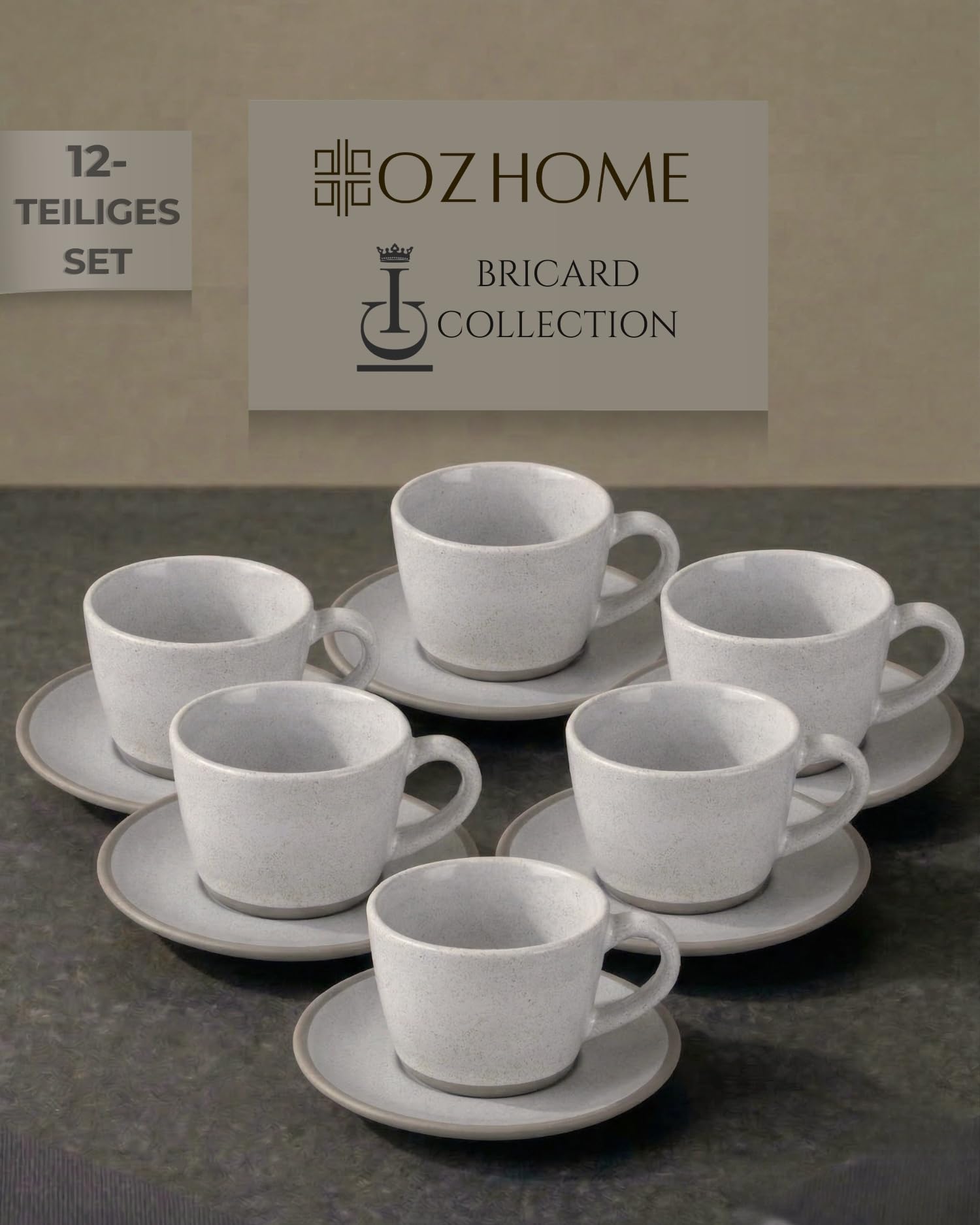 Kaffeetassen Set 12-teilig mit Untertassen, Kaffeeservice für 6 Personen | BRICARD Albi | 200 ml Keramik Hellgrau, Cappuccino Tassen, Spülmaschinen- & Mikrowellengeeignet, Geschenkset