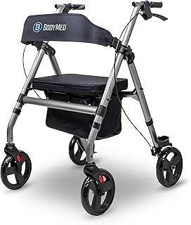 BodyMed Rollator with 8 in. Wheels - Adjustable Padded Seat, Dual Brake System, Compact Folding Design, Suitable for Most Terrains - Mobility Aid for Recovery and Daily Living