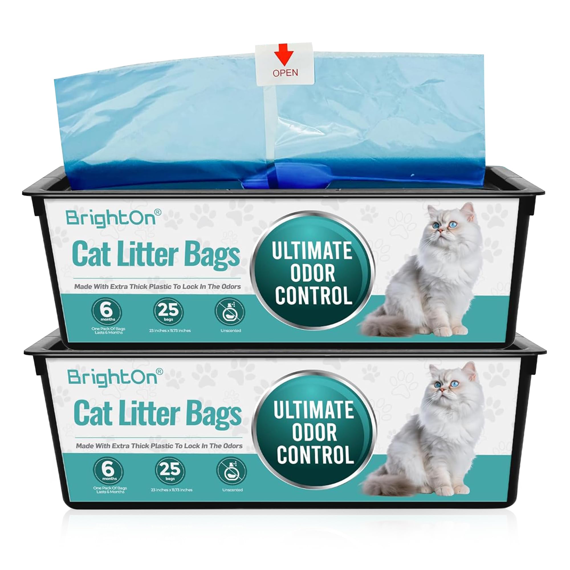BrightOn Litter Bag Refill Roll for Genie Easy Roll Litter Bin, Ultimate Odor Control,(Unscented) (50 Bags / 2 Dispensers Unscented)