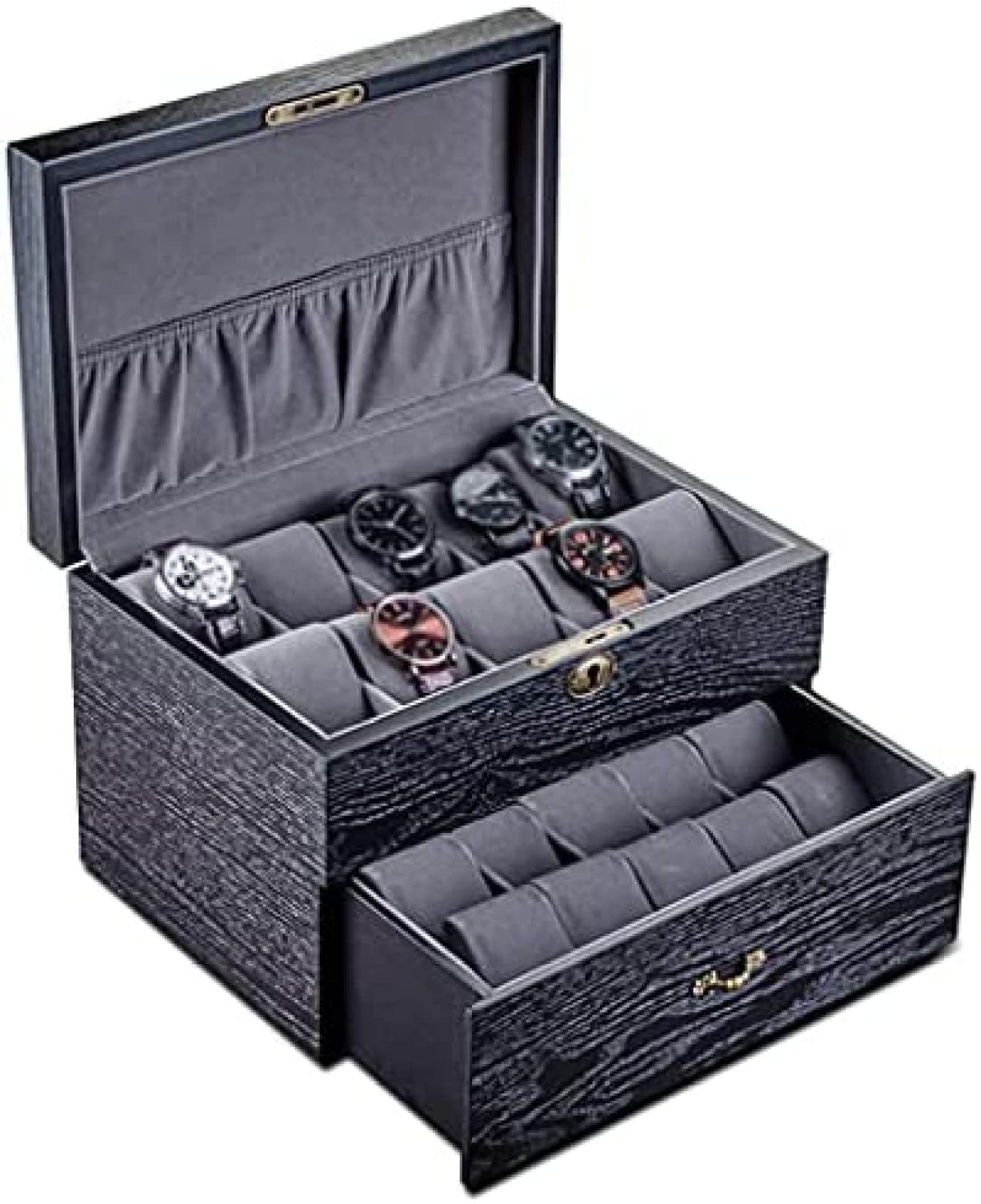 YNBSHGAA 20-Slot Wooden Watch Display Cabinet Double Layer with Lock Black Bracelet Mechanical Watch Jewelry Collection Box for Friends,29.5×19.5×20cm