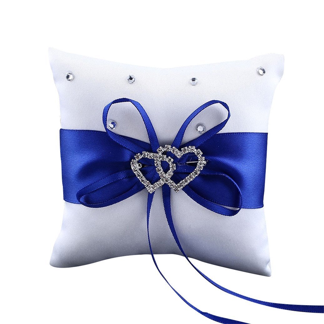 Gemini_mall® Double Heart Rhinestone Wedding Ring Pillow Cushion Bearer 10 x 10cm-Blue