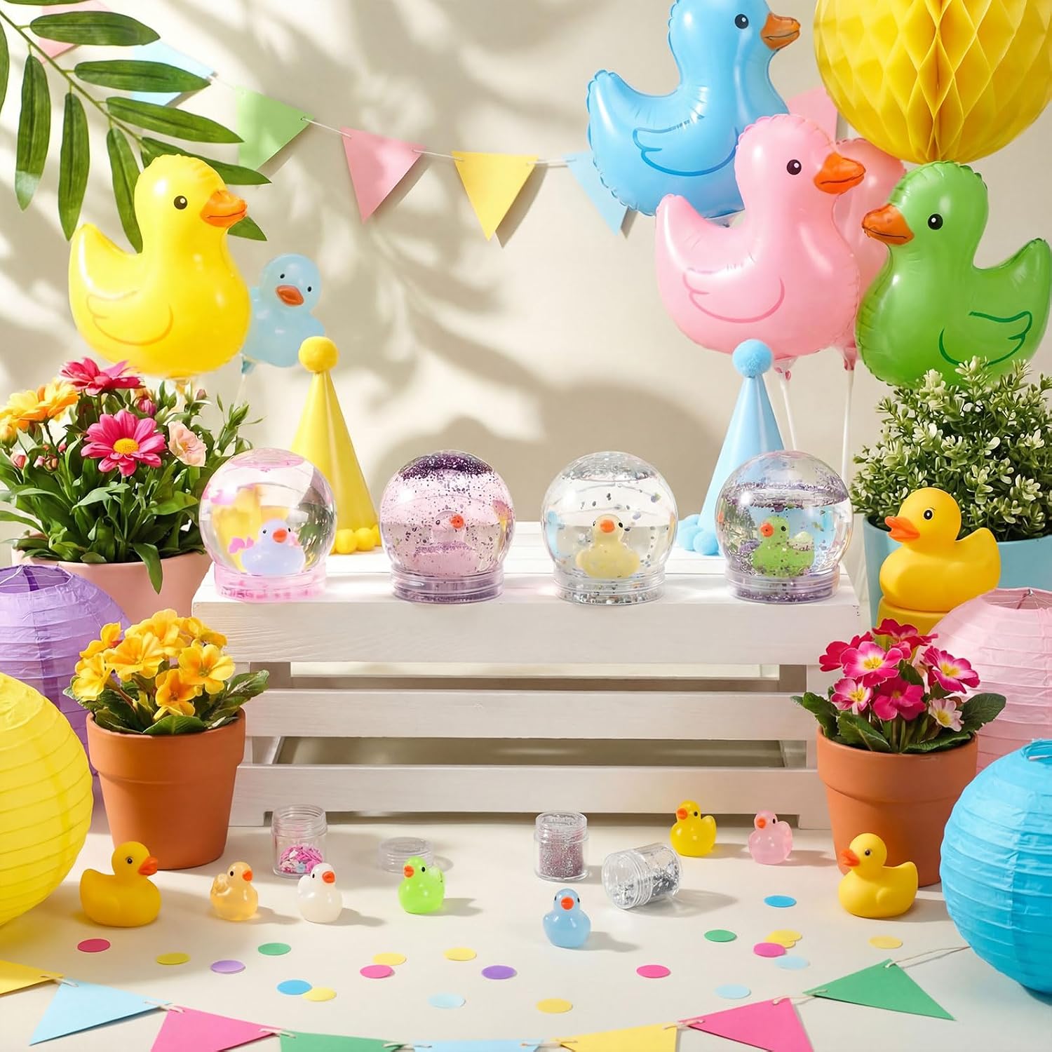 12 Sets DIY Duck Snow Globe Kit for Kids, 12 Globe Bottles, Glow in The Dark Duck Figurines, Glitter Sequins & Mini Hot Glue Gun, Summer Craft Activity Set, Birthday Party Favor