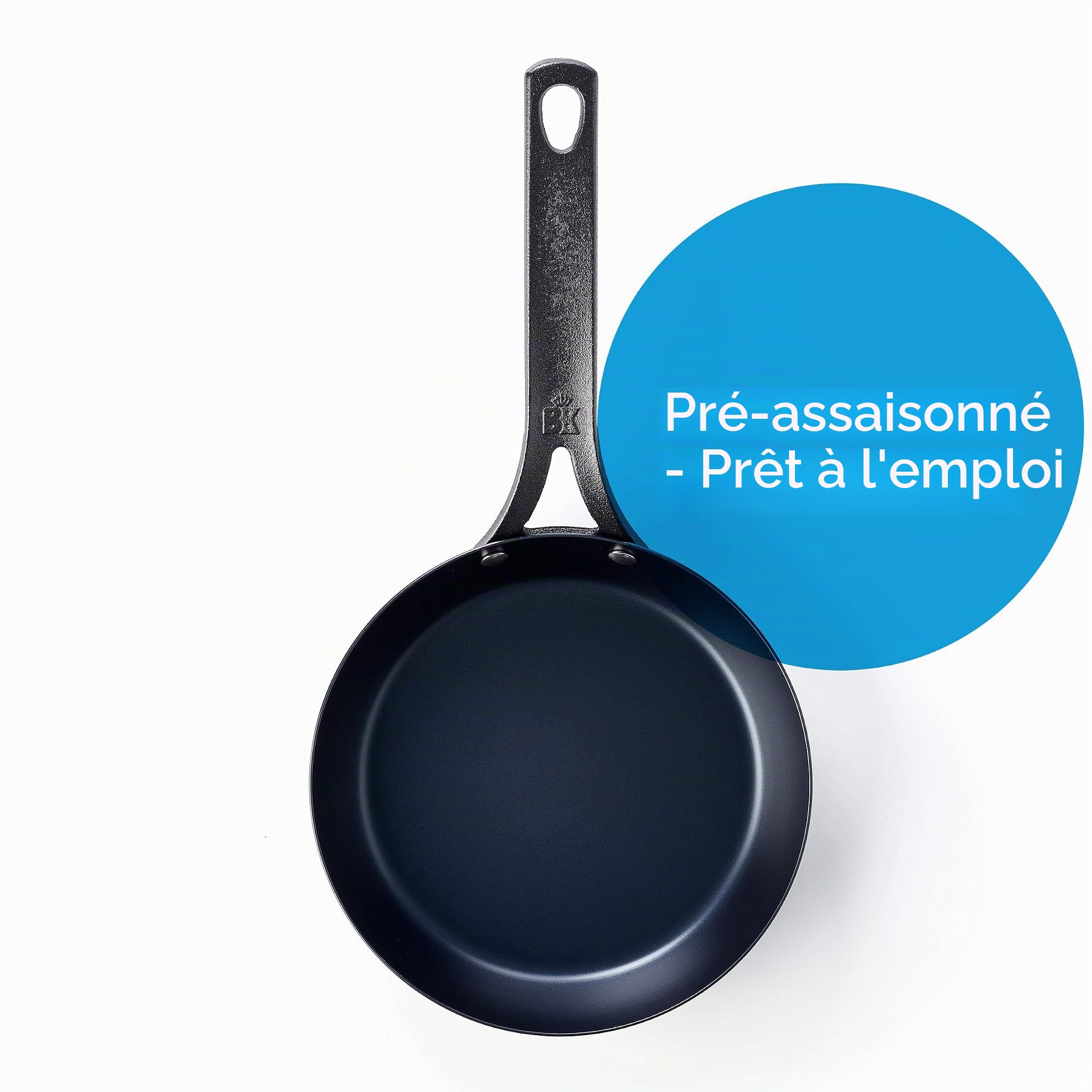 BK Black Steel Poêle à Frire Préassaisonnée en Acier au Carbone de 26 cm, Compatible avec l'induction, le Four et la Rôtissoire jusqu'à 350C, Durable et Professionnelle, Noir