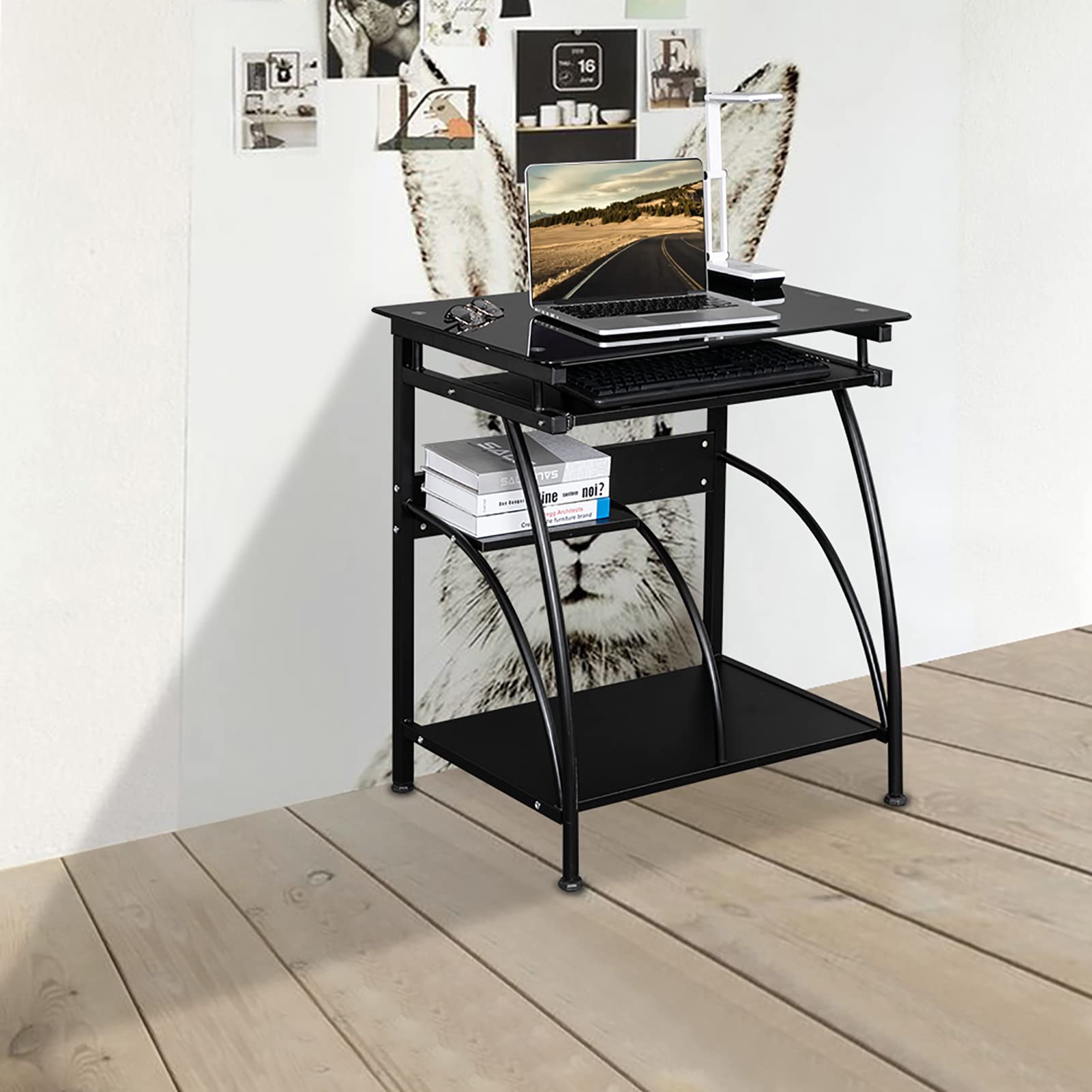 Generico Scrivania per Computer in Vetro temperato con Vassoio per Tastiera, scrivania Multifunzionale per Ufficio e Tavolo da Studio con Ripiani portaoggetti per casa, Ufficio, Camera da Letto e SOG