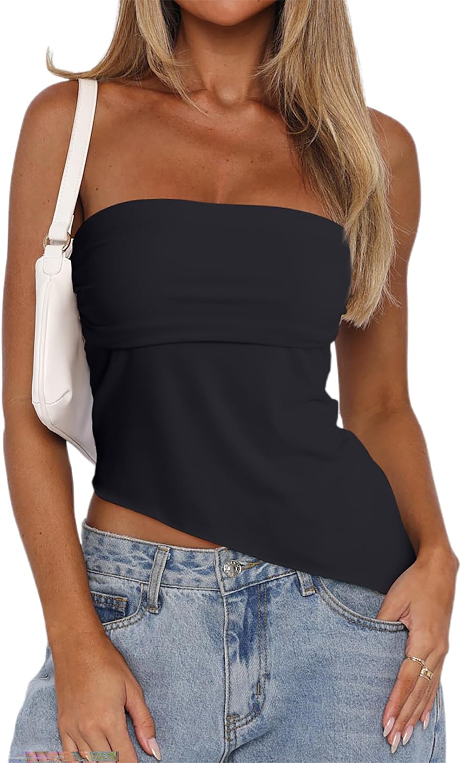 CSDAJIO Asymmetrical Tops for Women Ruched Side Long Tube Top Strapless Bandeau Top Summer Going Out Backless Shirt