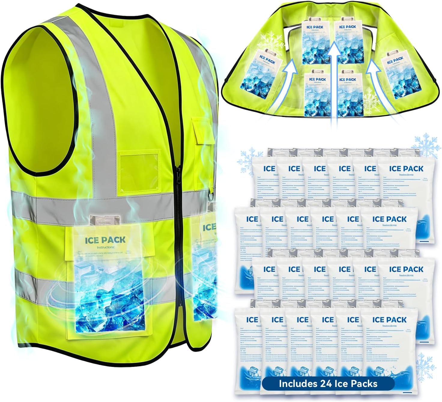 Cooling Vest with 24 Ice Packs, Ice Vest for Men Women, Body Cooling System with 6 Pockets, Stay Cool for Summer Heat, Reflective Safety Vest for Construction, Outdoor Work, Cycling, Motorcycle
