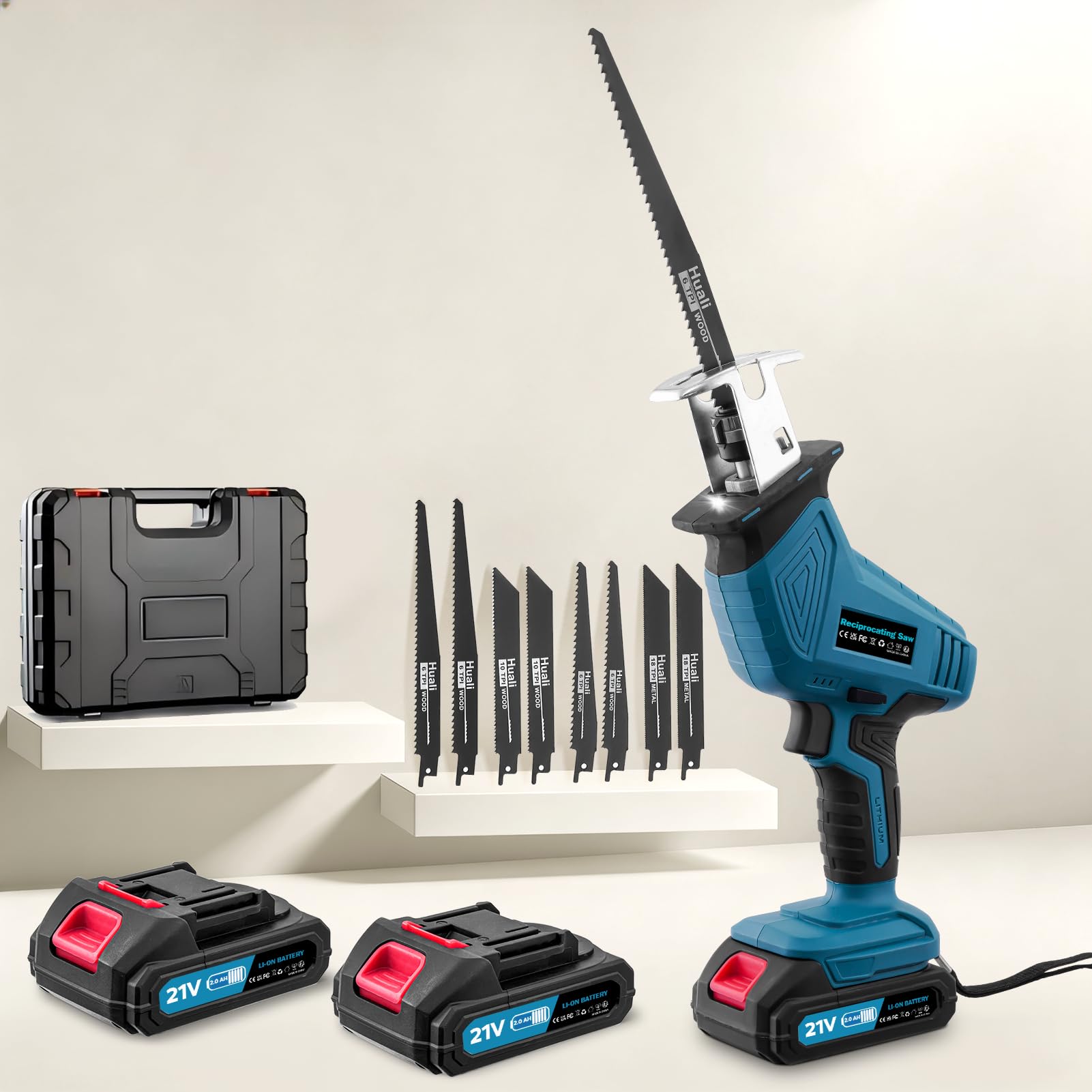 Papasbox Sierra sable inalámbrica 0-4000 rpm | Sierra recíproca con iluminación LED y 2 baterías de 2000 mAh, cargador rápido 21 V | Sierra universal con 8 hojas de sierra para madera, metal, PVC