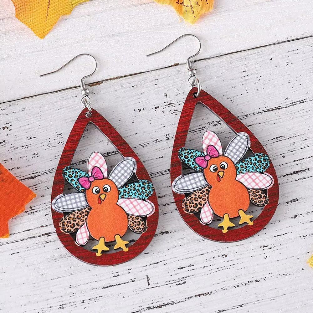 Blue Drop Thanksgiving Earrings for Women Wooden Drop Dangle Leopard Print Turkey Chicken Earrings Fall Autumn Thanksgiving Party Jewelry - Image 3