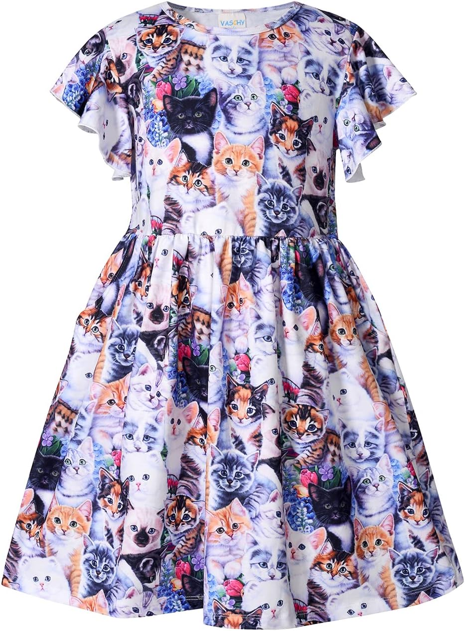 VASCHY Girls Dress, Soft Twirly Stretchy Casual Ruffle Daily Dress for Toddler/Little/Big Kid Girls Clothing 2-10T Clothes