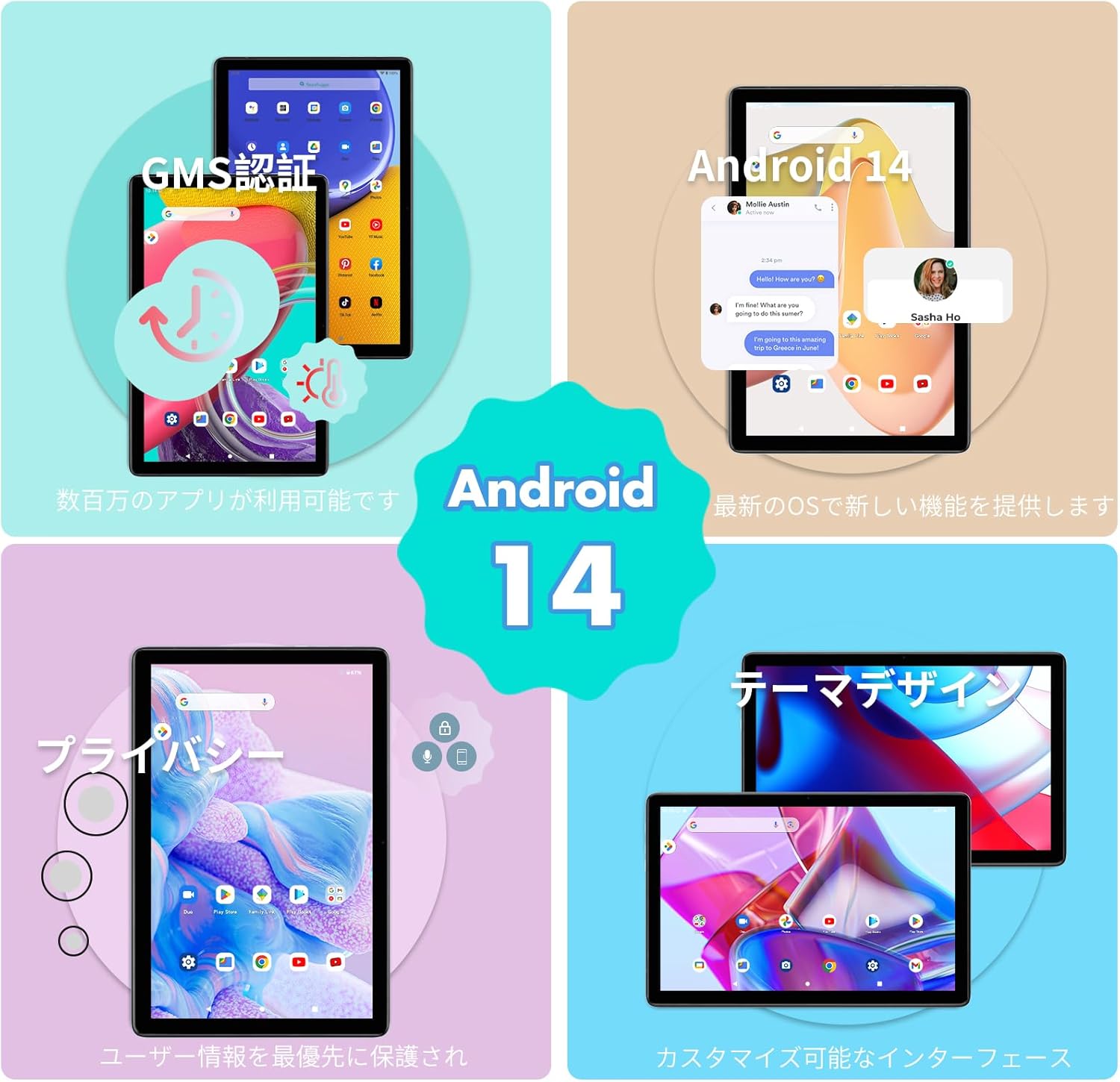 Android 14 features on PRITOM TAB11 tablet, including GMS certification, new OS features, privacy, and theme design