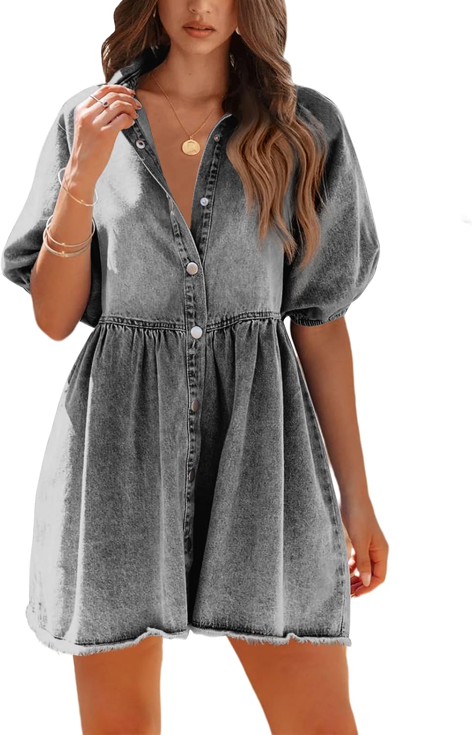 Pepochic Womens Summer Denim Dress Button Down Short Sleeve Babydoll Dress Puff Sleeve Flowy Jean Dress