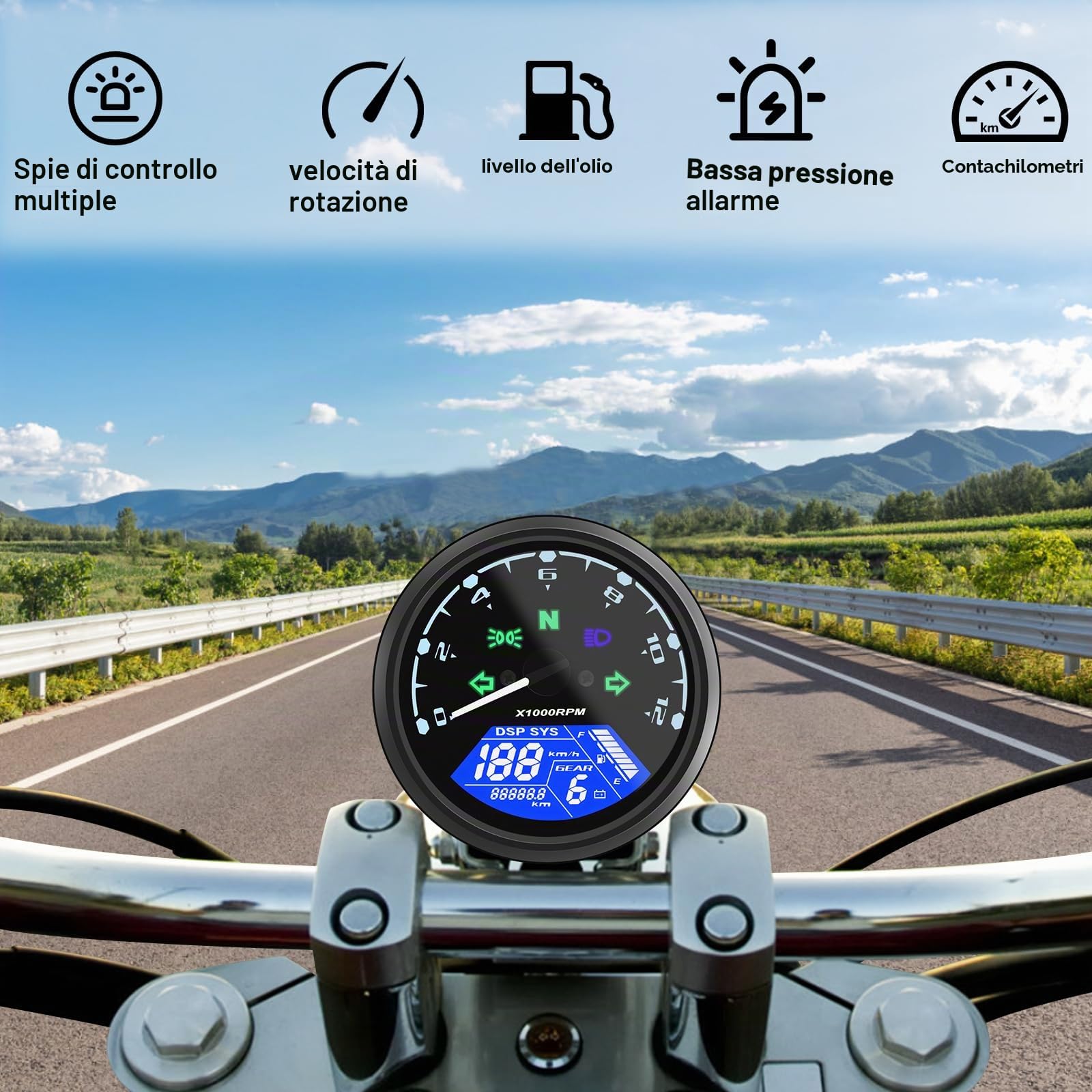 Geloo Moto Contachilometri universale per moto Tachimetro Digitale Contachilometri 12000 giri/min 199 KMH MPH LCD Contagiri con Universale per 1,2,4 Cilindri con Spia Multifunzione 12V…