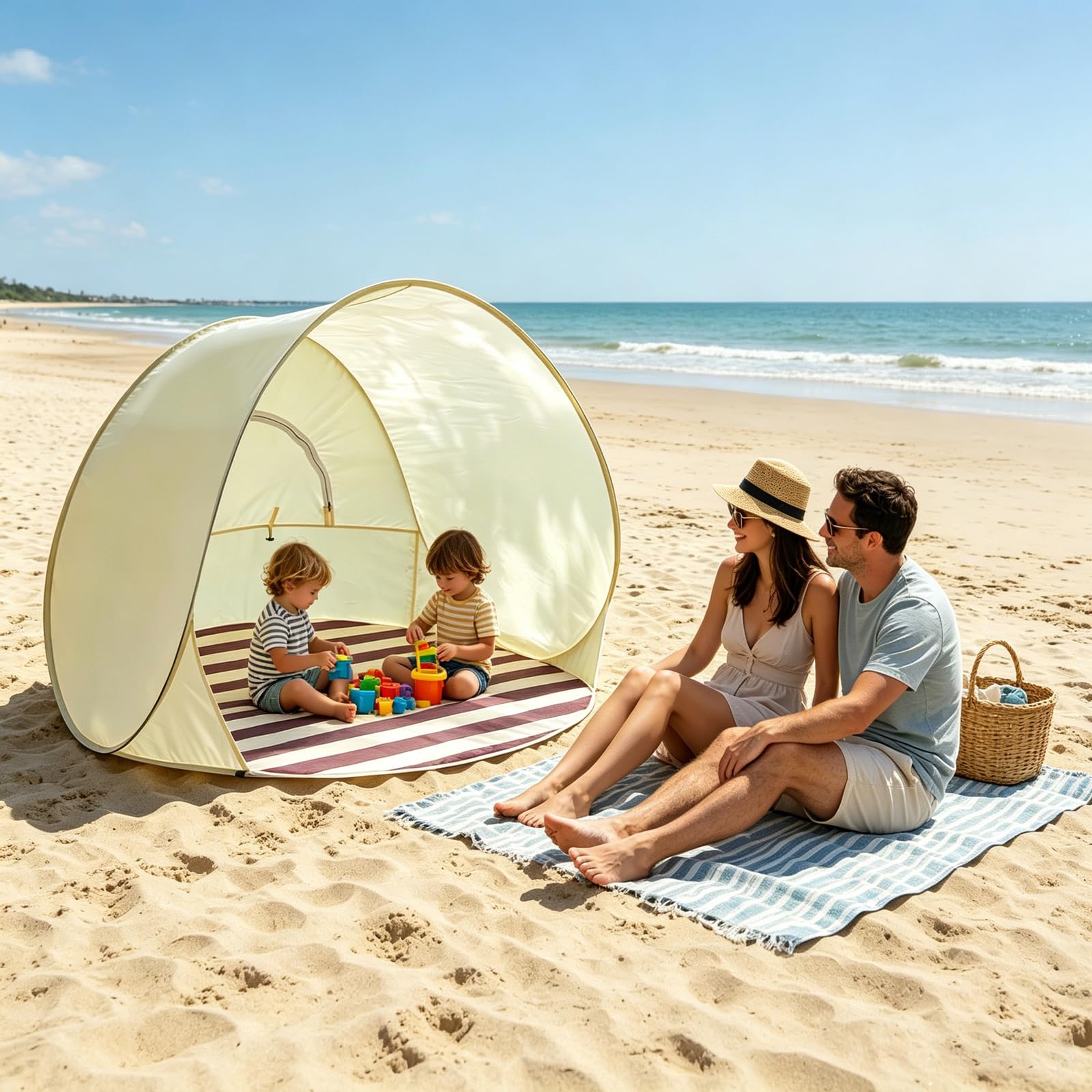 Tente de Plage Anti UV pour Bébé, Tente de Plage Pop Up pour 3-4 Personnes, Tente Coupe Vent de Plage, Pare Soleil Ventilé et Portable pour l'extérieur Beige,120CM/47IN