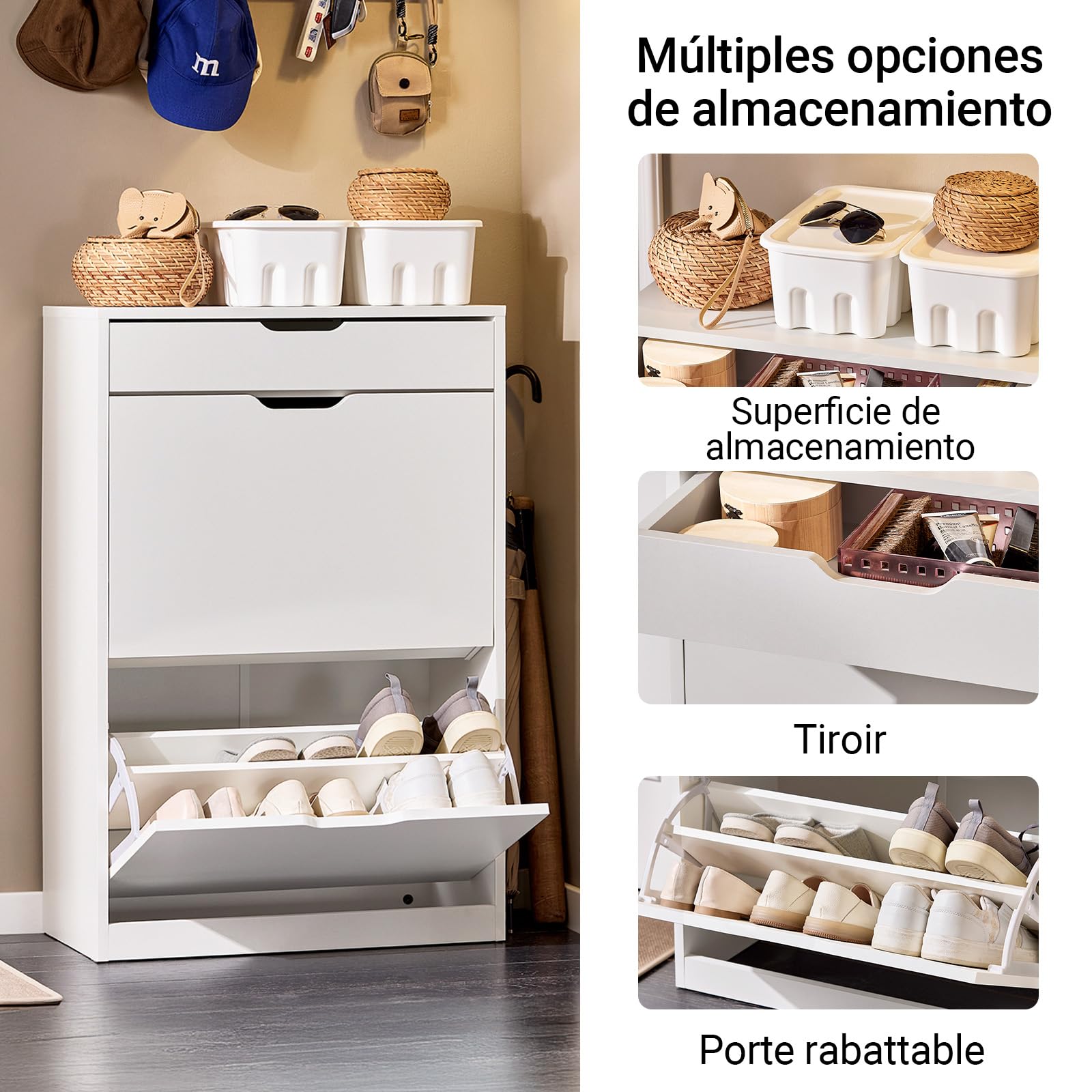 SoBuy Zapatero Estrecho con cajón 60x30x90cm para recibidor | Mueble zapatero con cajón y puertas abatibles para 8 pares, estantes ajustables, blanco FSR180-W