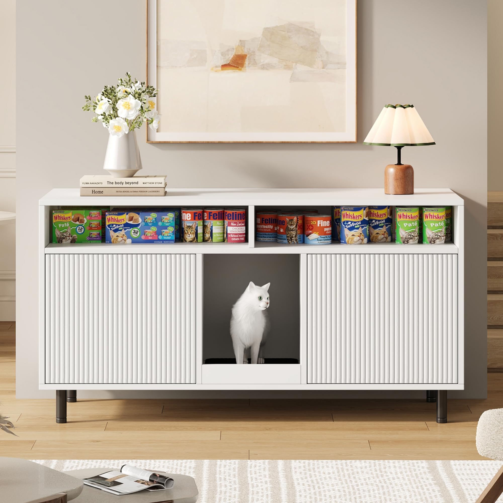 Katzentoiletten-Schrank mit Sandauffangmatte & Ablage, Platzsparendes Haustier-Sideboard zur Katzentoilette, Katzenklo verstecken, Praktisches Katzenzubehör, 120x50x66cm Weiß