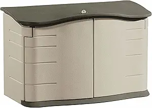 Rubbermaid Small Horizontal Resin Outdoor Storage Shed With Floor (4.5 x 3 Ft) Weather Resistant, Beige/Brown, Organization for Home/Backyard/Pool Chemicals/Toys/Garden Tools/Porch/Patio Cushions