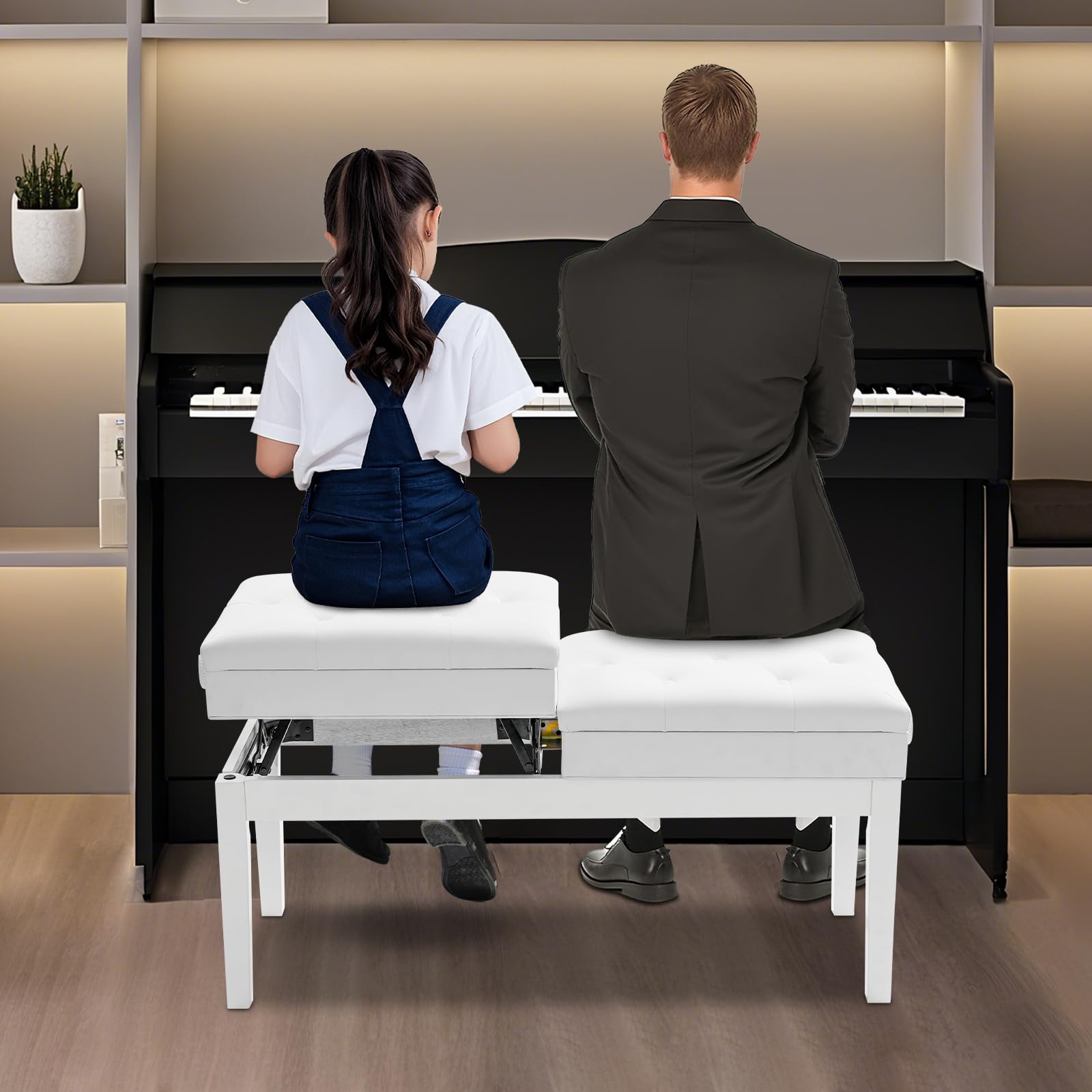 Doppelsitzer Pianobank Groß Klavierbank mit Aufbewahrungsbox und PU-Sitzfläche Sitzflächen unabhängig höhenverstellbar bis 200kg Belastbar (Weiß)