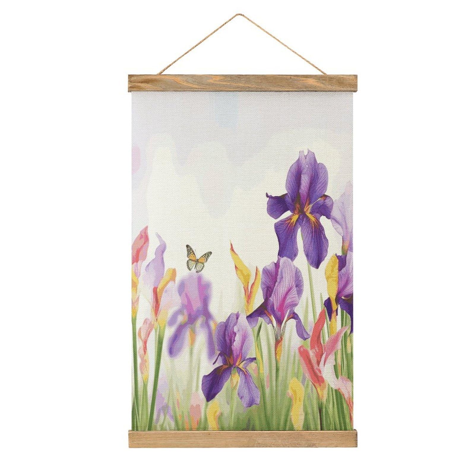 JTREHY Iris Flower Butterfly Linen Hanging Painting Vintage Poster Wall Art Prints Personality Style Wall Hanging Poster for Living Room Office Bedroom Decor Frame 13.2 X 20.47 Inch