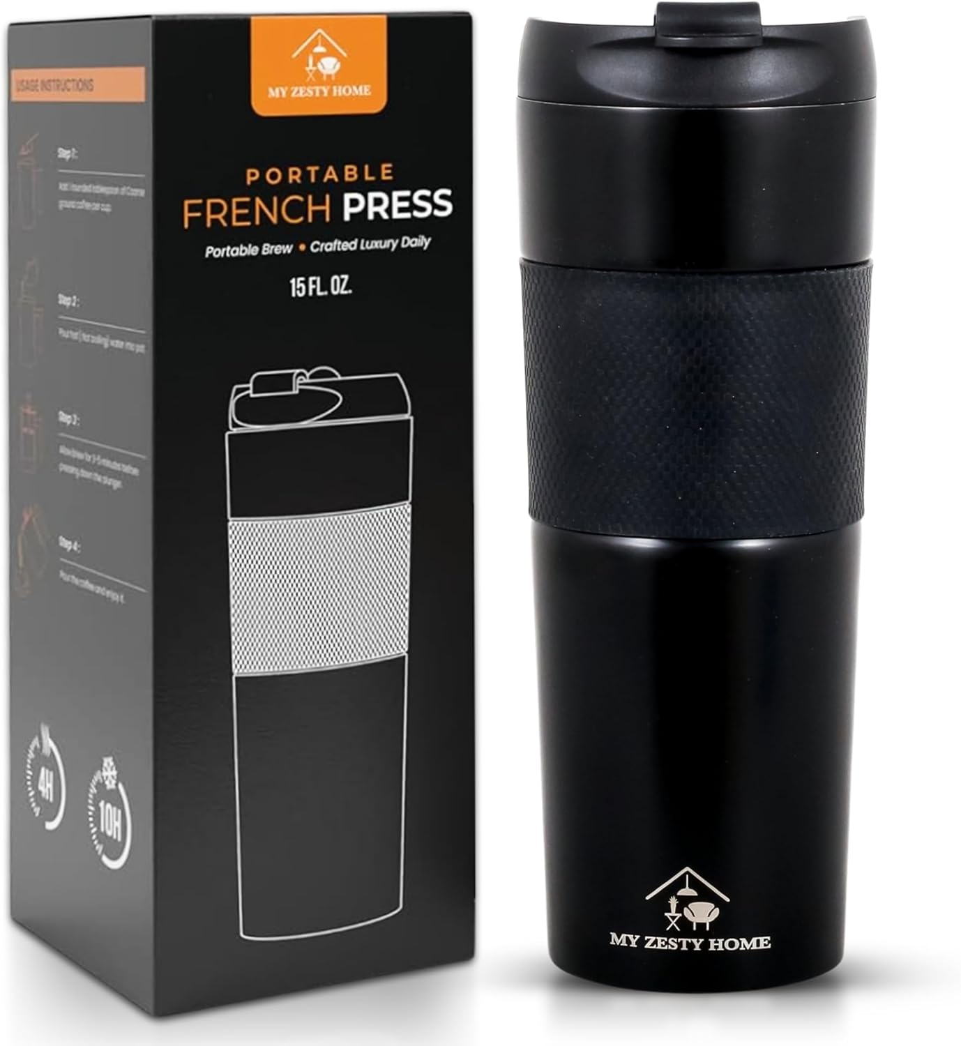 Travel French Press Black15oz Stainless Steel Double-Walled Vacuum Insulated Travel Coffee Mug with Leak-Proof Locking Lid, Keeps Coffee Hot 4 Hrs Portable for Camping, Office, Car, Valentine’s Gift