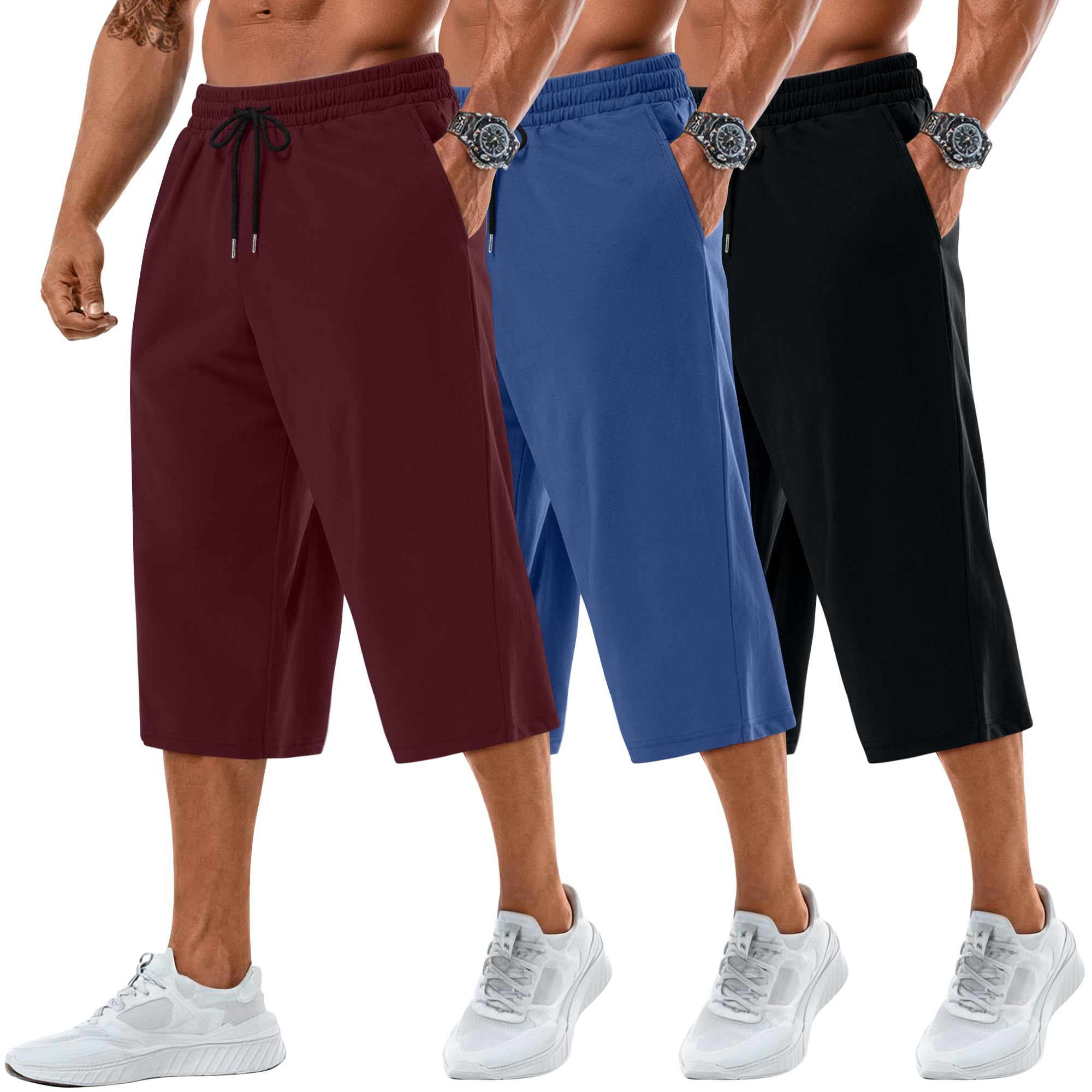 Photo 1 of Neer 3 Pack Men's Baggy Capri Pants Plus Size Below Knee Casual 3/4 Shorts Big and Tall Summer Drawstring Pants with Pockets(Black, Blue, Burgundy,7X-Large)