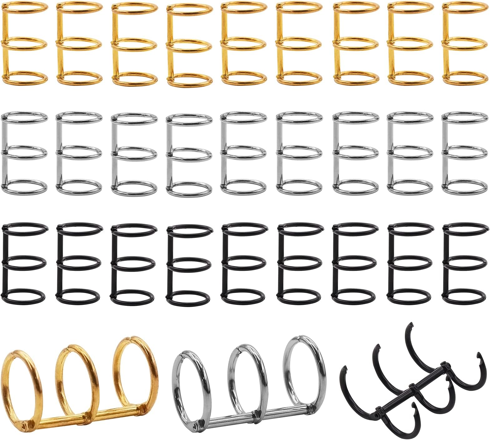 30Pcs 3 Ring Metal Loose Leaf Binders Book Rings Snap Split Hinged for Notebook, Diary, Photo Album, Binding Spines Combs, 20mm (Gold, Silver, Black)