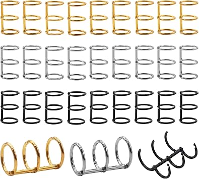 30Pcs 3 Ring Metal Loose Leaf Binders Book Rings Snap Split Hinged for Notebook, Diary, Photo Album, Binding Spines Combs, 20mm Inner DiameterGold, Silver, Black