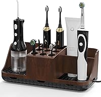 Boperzi Walnut Black Bathroom Counter Organizer: Detachable Holder for Electric Toothbrush, Toothpaste, Water Flosser - Vanity Sink Storage