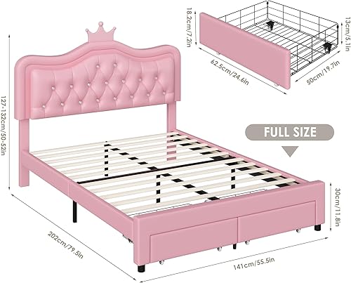 Miniatura 2 de Keyluv Base de cama LED tapizada de tamaño matrimonial con cajón de almacenamiento, cama de plataforma de princesa de cuero con cabecera de corona