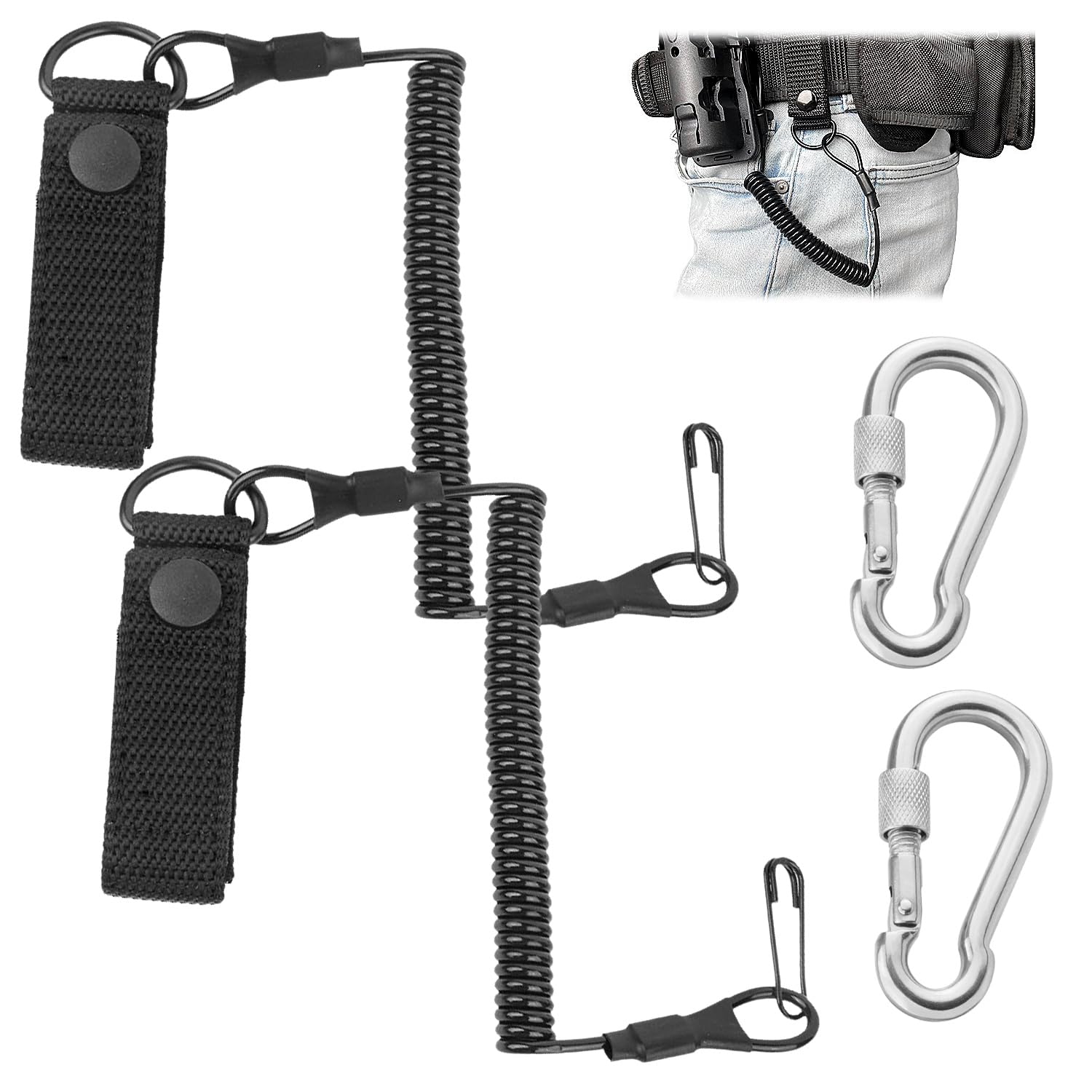 Tactical Lanyard Set, Comprend 2 Cordes Elastiques en Spirale, 2 Mousquetons, Robuste et Durable, Convient pour Le Plein Air, Le Camping, La Chasse, La Survie (Noir, Taille Moyenne)