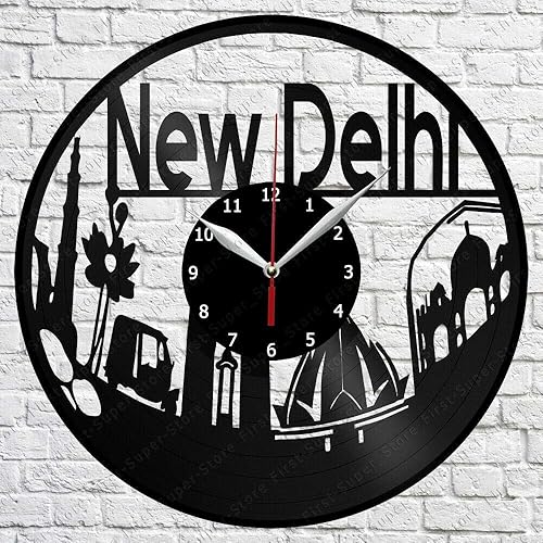 Reloj de pared de vinilo de Nueva Delhi, registro LP, decoración del hogar, arte hecho a mano, regalo de personalidad (tamaño 12 pulgadas, color