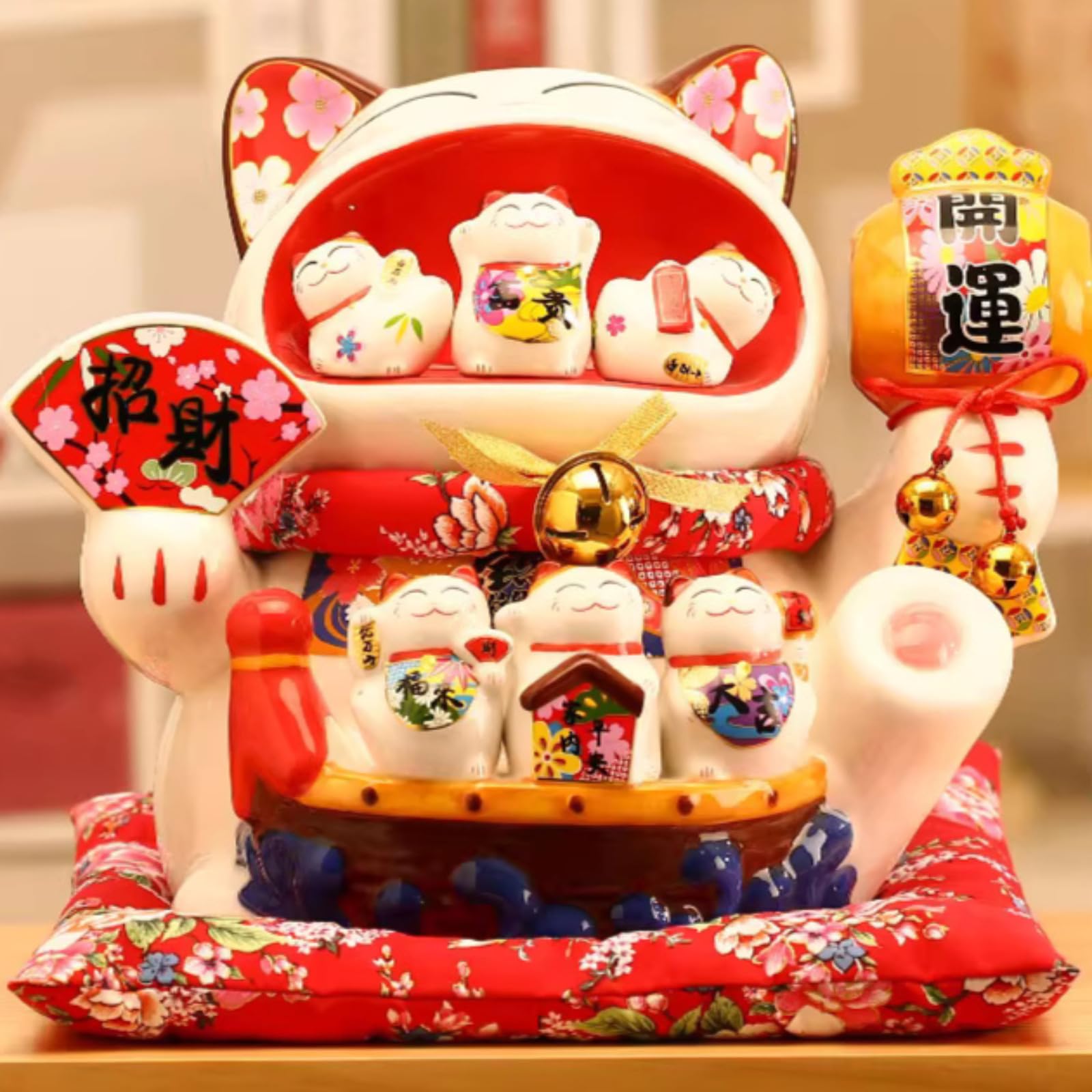 Laughing White Maneki Neko - Regalo de cerámica con gato blanco pequeño y caja de regalo, 38 cm, apertura de tienda para decoración del hogar