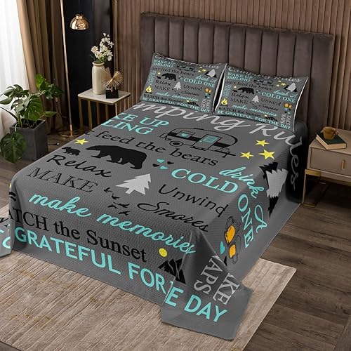 Juego de colcha con reglas de campamento para niños y niños, decoración de remolques de caravana, estilo campamento, decoración de habitación, funda