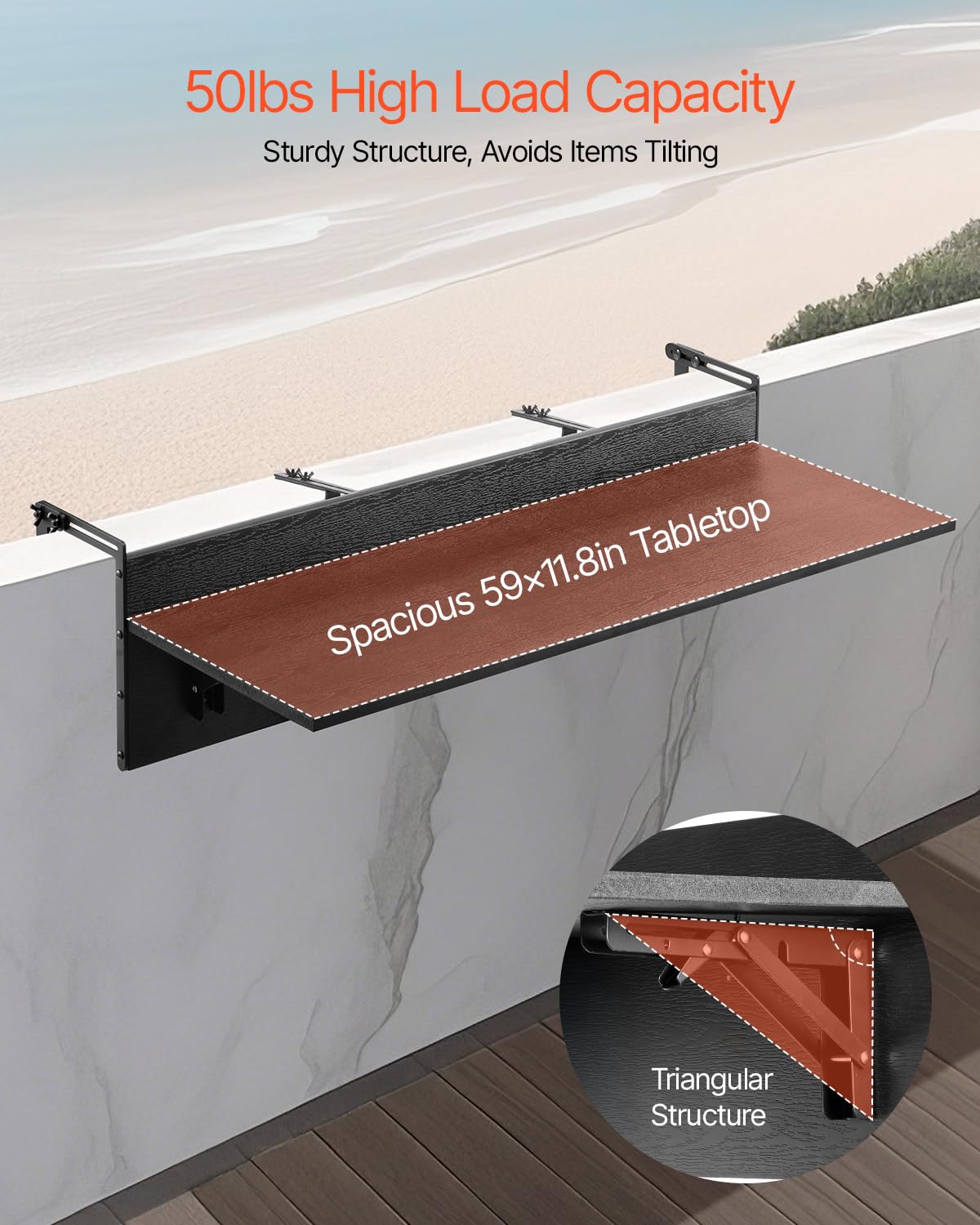 VEVOR Mesa Colgante para Balcón, Mesa Plegable con Barandilla para Balcón de 1500 x 450 x 240 mm, Carga de 22,68 kg, se Adapta a Barandillas de 1-5,91", Mesita de Servicio para Patio y Terraza
