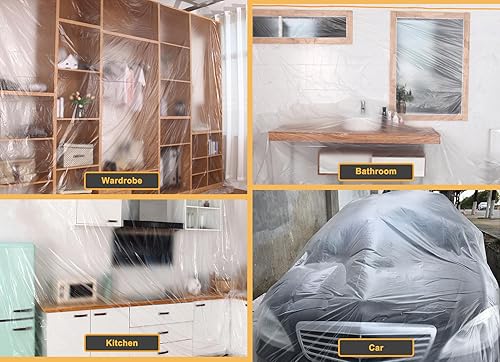 Miniatura 5 de Muf 2 láminas de plástico de 65 pies con cinta de enmascarar, película protectora impermeable, evita la pintura contra el polvo para automóvil,