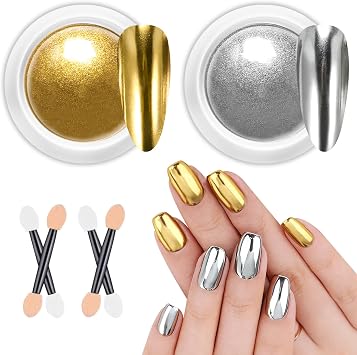 Silver Gold Chrome Nail Powder - Metallic Mirror Effect Nail Chrome Powders |  2Jars Upgrade Nail Chrome Powders for Nails Glitter, Pigment Holo Aurora Chrome Gold Nail Powder Nail Art Design Decor