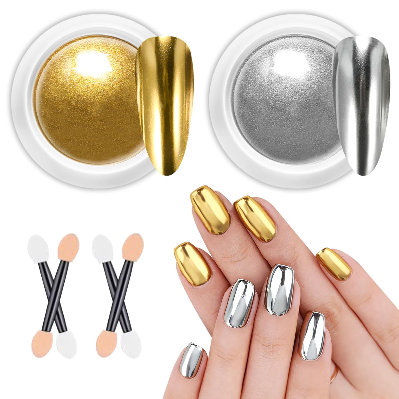 Gold Chrome Nail Powder BISHENGYF - Metallic Mirror Effect Nail Chrome Powders【2Jars Upgrade】Silver Chrome Powders for Nails Glitter, Pigment Holo Aurora Chrome Gold Nail Powder Nail Art Design Decor