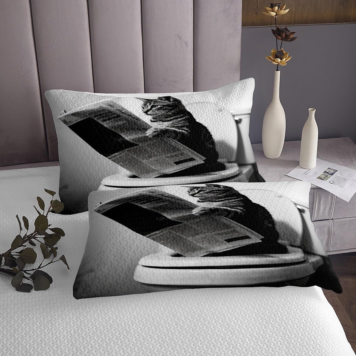 Erosebridal Cat Quilted Twin Size Kawaii Kitten Bedspread for Kids Boys Girls Newspaper Reading Cute 3D Black Grey White Quilted Coverlet Soft Luxury Coverlet Set
