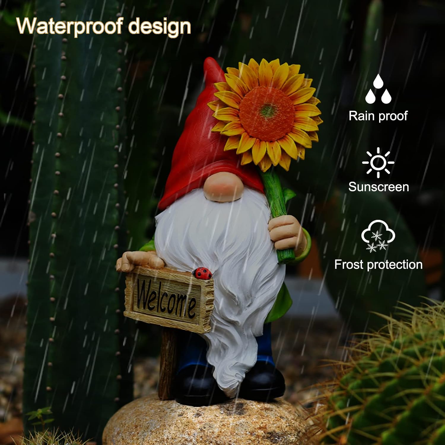 Garden Gnomes Statue Solar Sunflower Garden gnome Decoration Hand held Sunflower LED Light and Welcome Sign for Garden Lawn Porch Balcony Garden Gifts for Christmas Thanksgiving