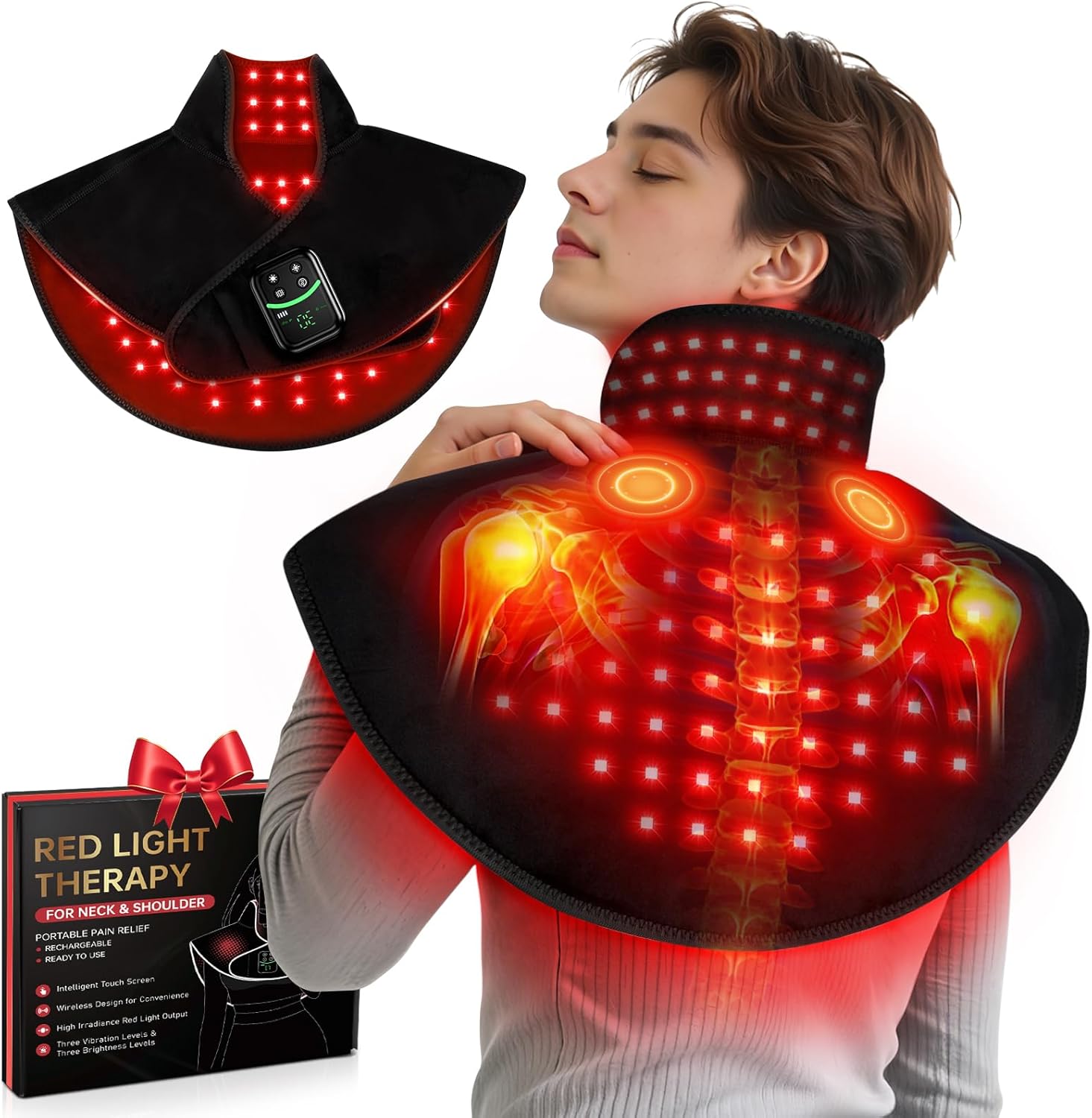 Cordless Red Light Therapy for Neck Shoulder with Heat & Massage, 5000mAh Controller 118LEDs 3-in-1 Chip 660nm&850nm Infrared Light Therapy Pad for Body Home Outdoor Use