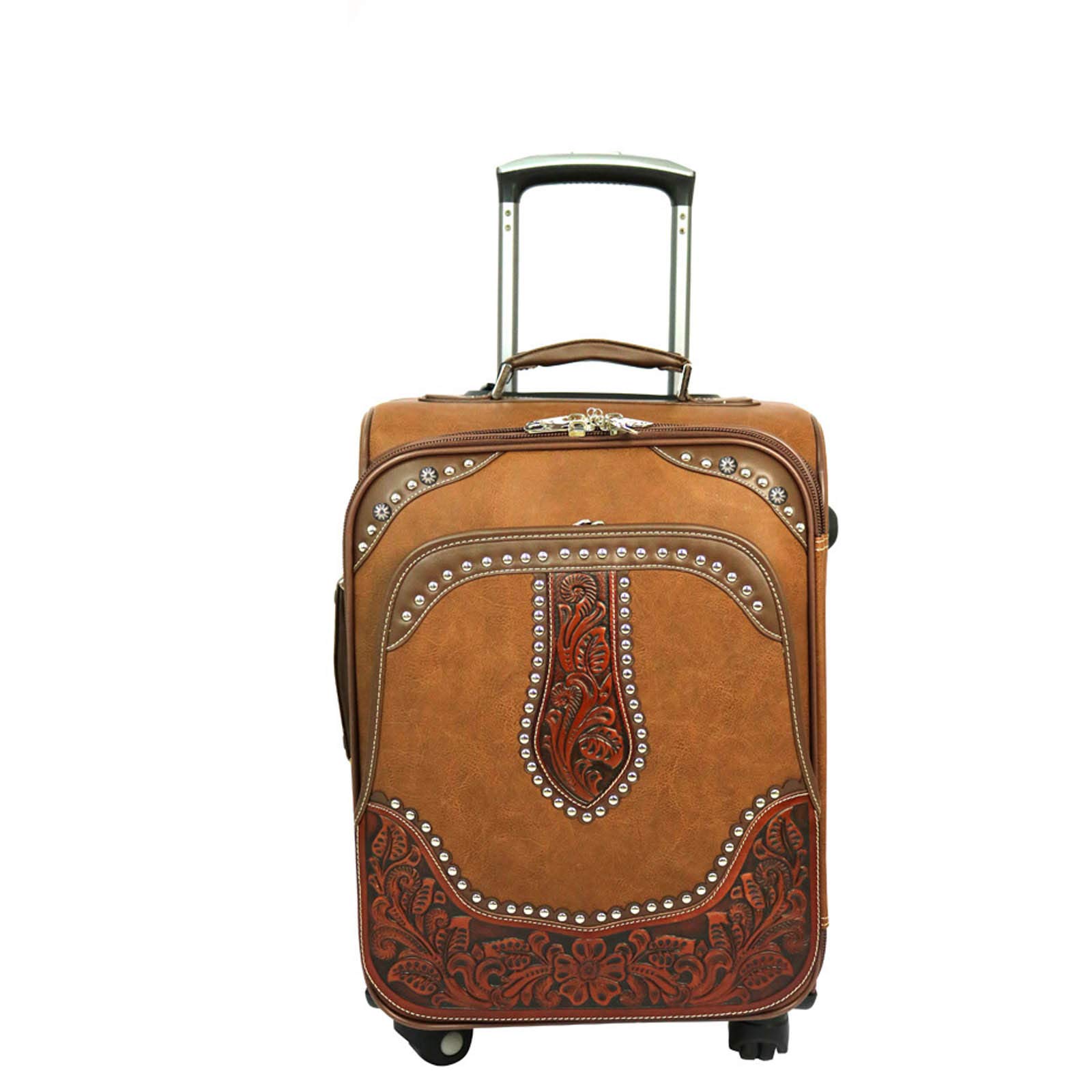 Montana WestWestern Tooling Luggage Embossed Vegan Leather Spinner Wheels Suitcase for Travel, Medium Brown MBB-WRL-L2BR