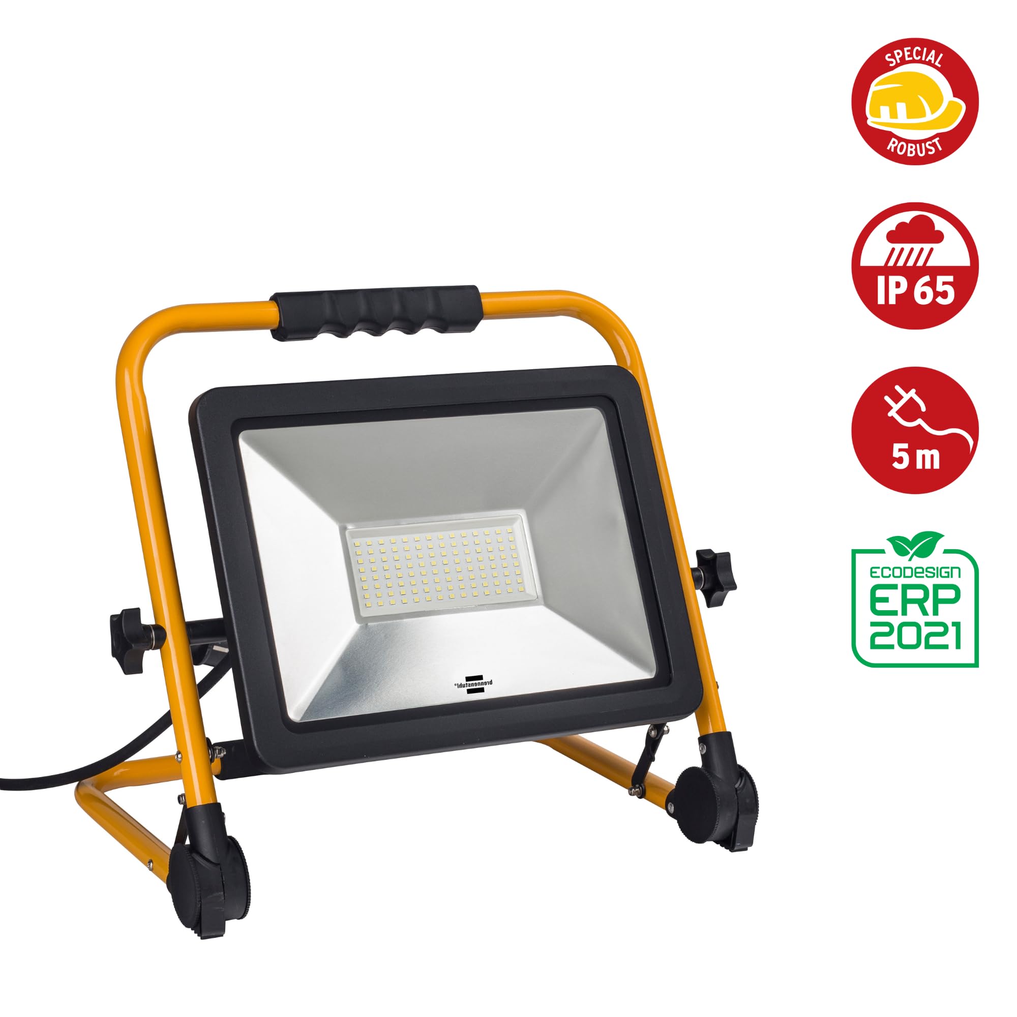 Faretto Led Portatile da Cantiere Brennenstuhl,Ideale per Lavori Esterni in Cantiere, Officina e Garage, Telaio in Acciaio Solido e Robusto, Protezione IP65 - Cavo 5m, 80W, 6700lm
