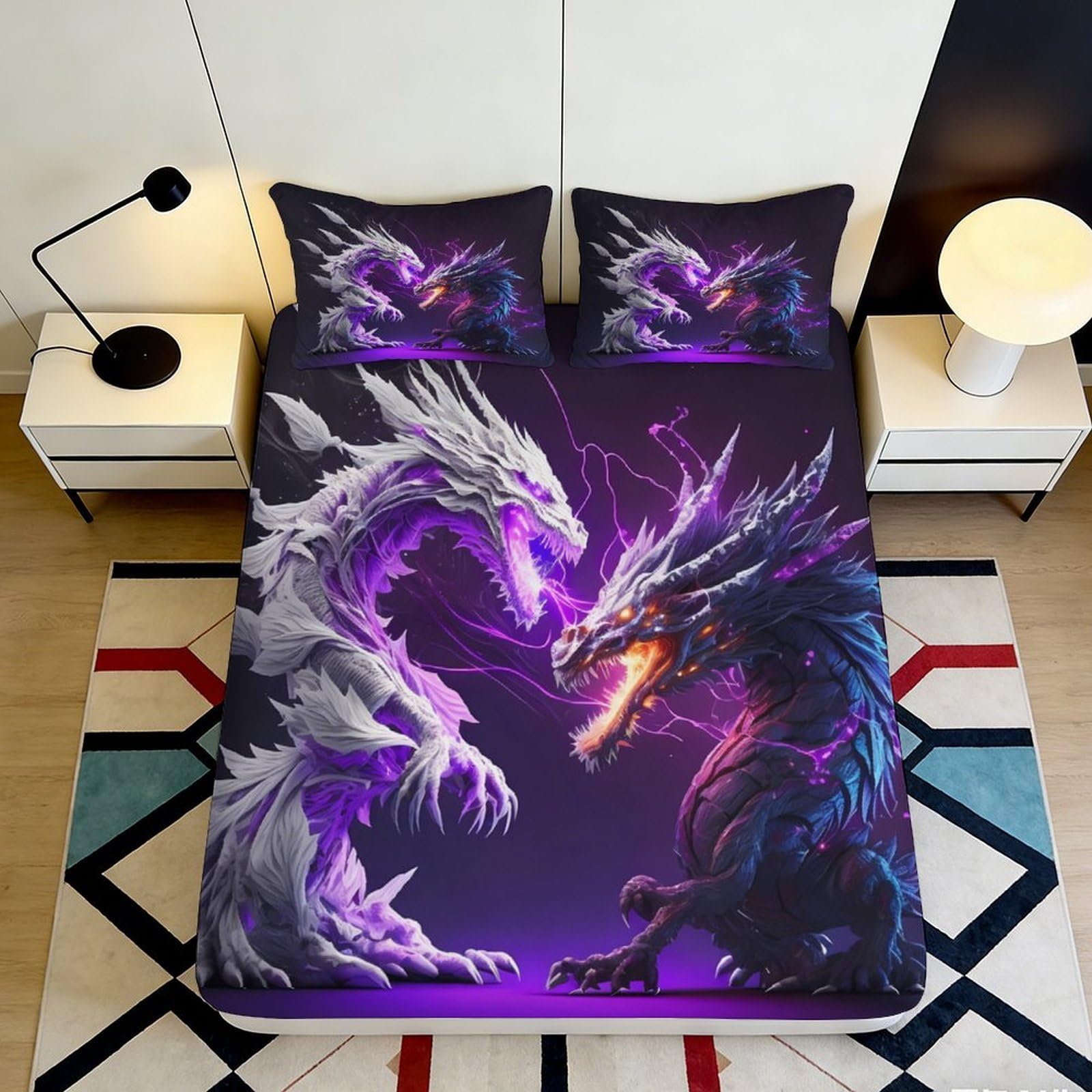 3D Printed White Black Dragon Fitted Sheet Microfiber Fantasy Fire Lightning Bed Cover for Bedroom Decor 90x200x25cm
