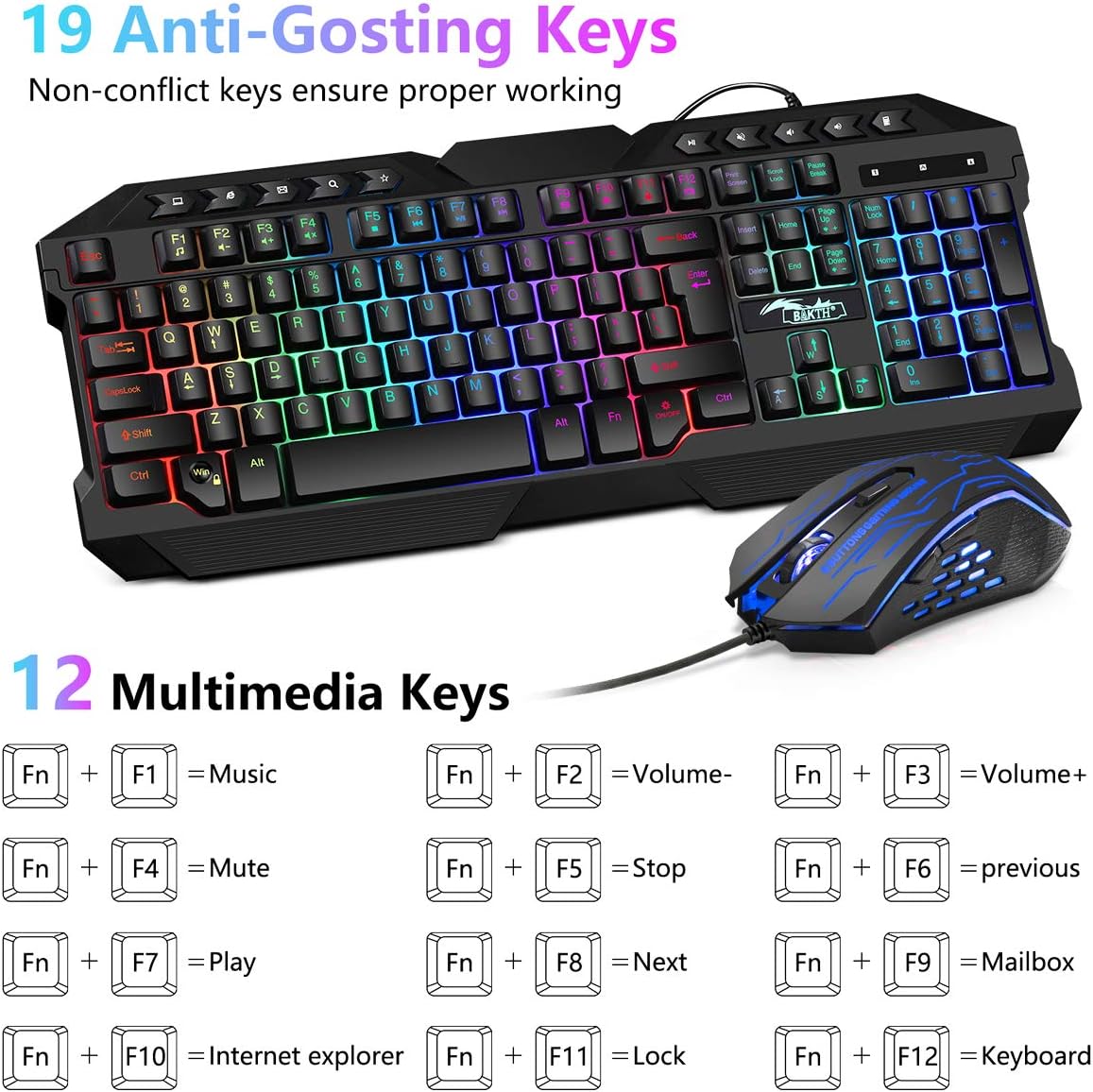 Multiple Color LED Rainbow Backlit Wired Gaming Keyboard and Mouse Combo, USB Ergonomic Computer Keyboard with 7 Colors 3600DPI 6 Button Mouse for PC Windows Mac Game and Work
