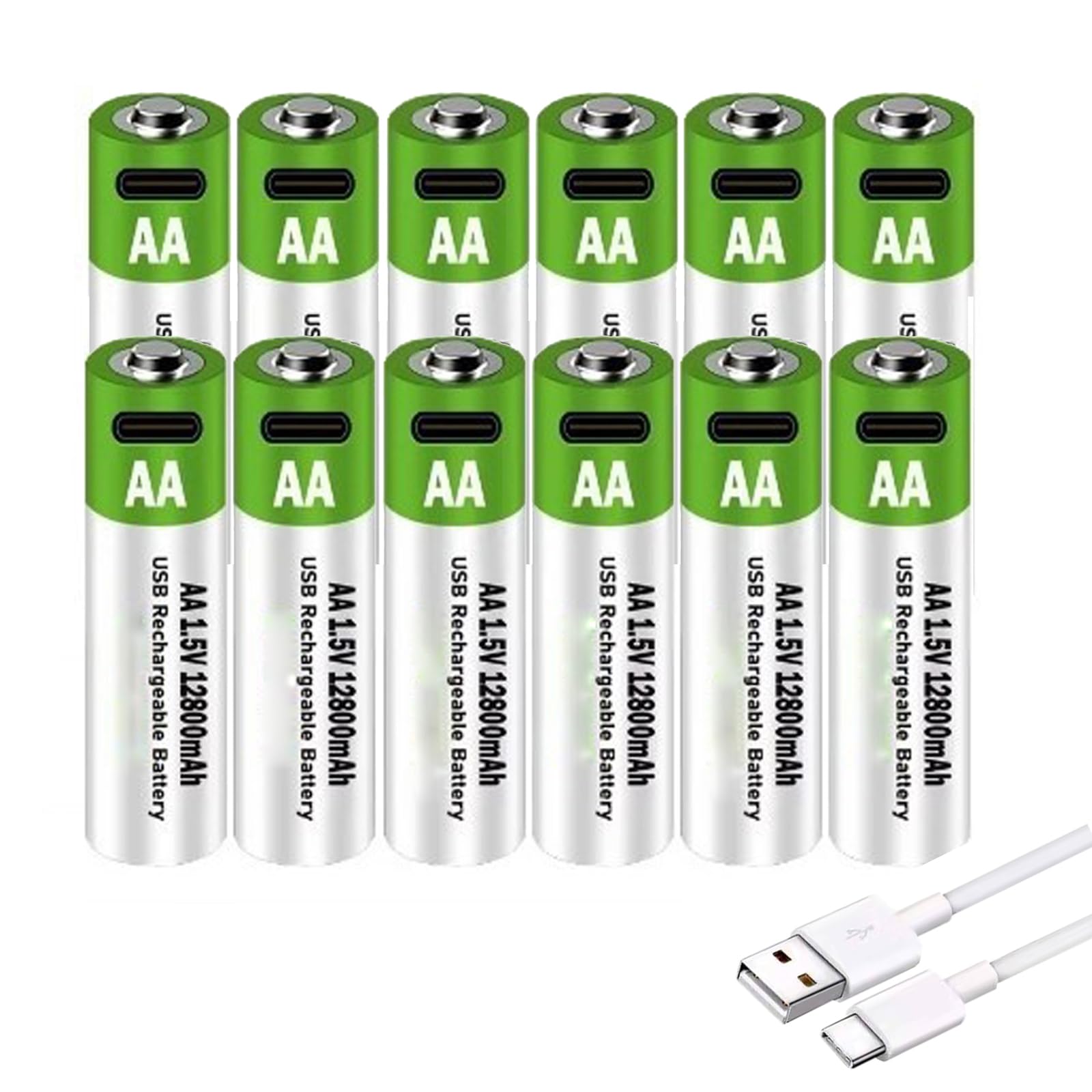 Lithium-AA-Batterien, wiederaufladbar, 1,5 V, 12800 mAh, 2-Stunden-Schnellladung, Doppel-A-Li-Ionen-Akku, konstante USB-Leistung mit Kabel