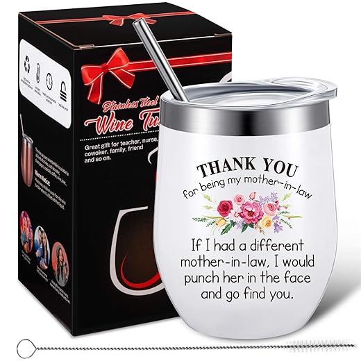 Patelai Mother In Law Gift from Son In Law Daughter In Law, Thank You for Being My Mother-in-Law Coffee Cup for Mother's Day Birthday, 12 oz Wine Tumbler with Lid Straw Brush (White)