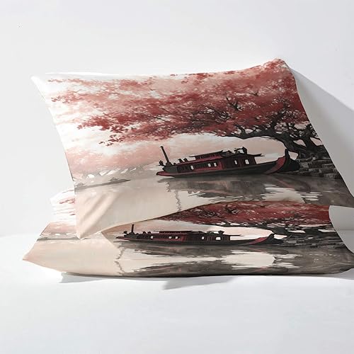 Miniatura 3 de Sábanas japonesas tamaño Queen, sábanas de paisaje, sábanas y fundas de almohada estampadas de 4 piezas, sábana bajera ajustable de microfibra suave